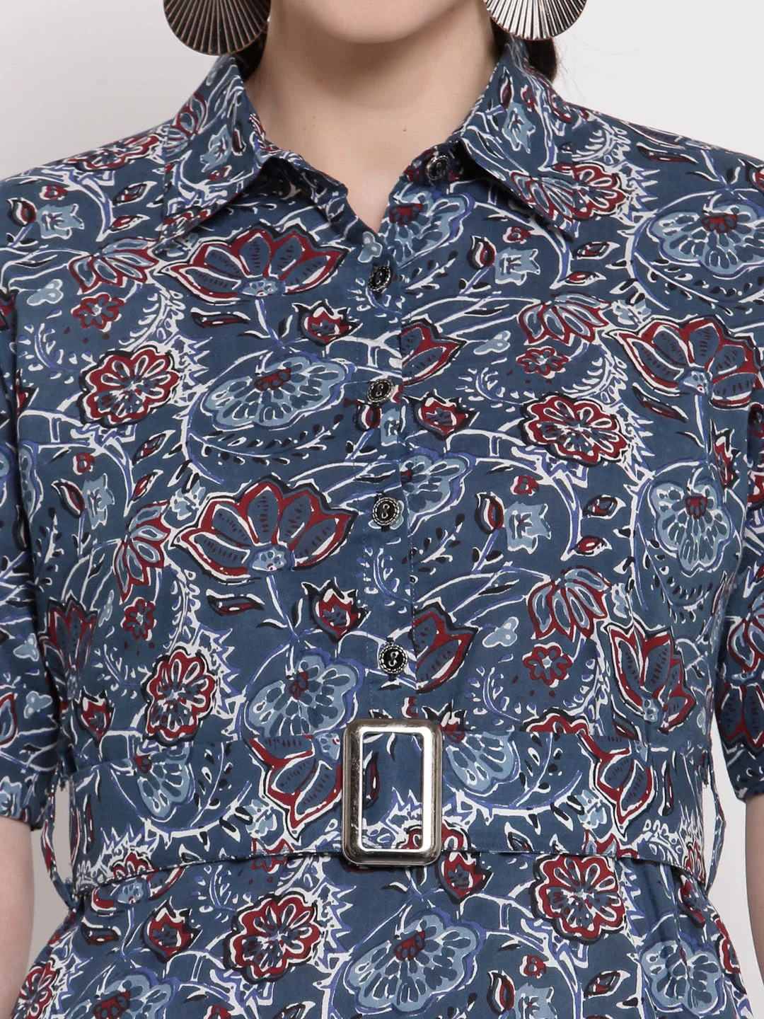 Indibelle Cotton Floral Print Shirt A-Line Dress (Blue)