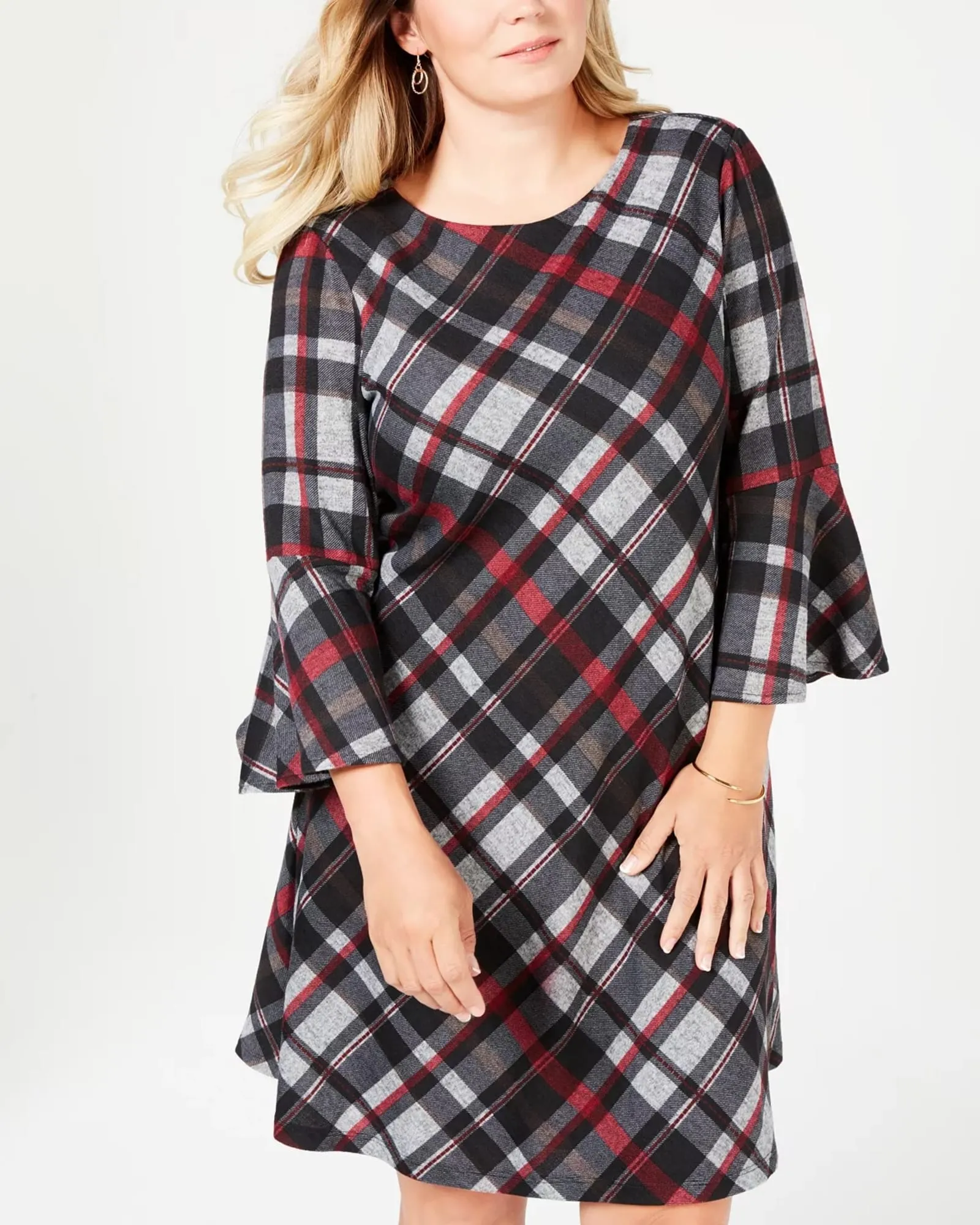 Jessica Howard Women's Plus Size Plaid Bell-Sleeve Dress Charcoal Size 2X | Gray
