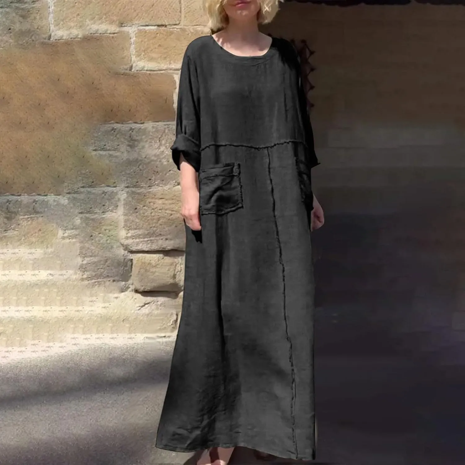 Long Maxi Dresses for Women Long Sleeve Cotton Linen Dress Plus Size Beach Vacation Sundresses Loose Trendy Pockets