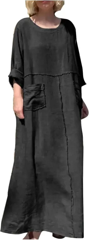 Long Maxi Dresses for Women Long Sleeve Cotton Linen Dress Plus Size Beach Vacation Sundresses Loose Trendy Pockets