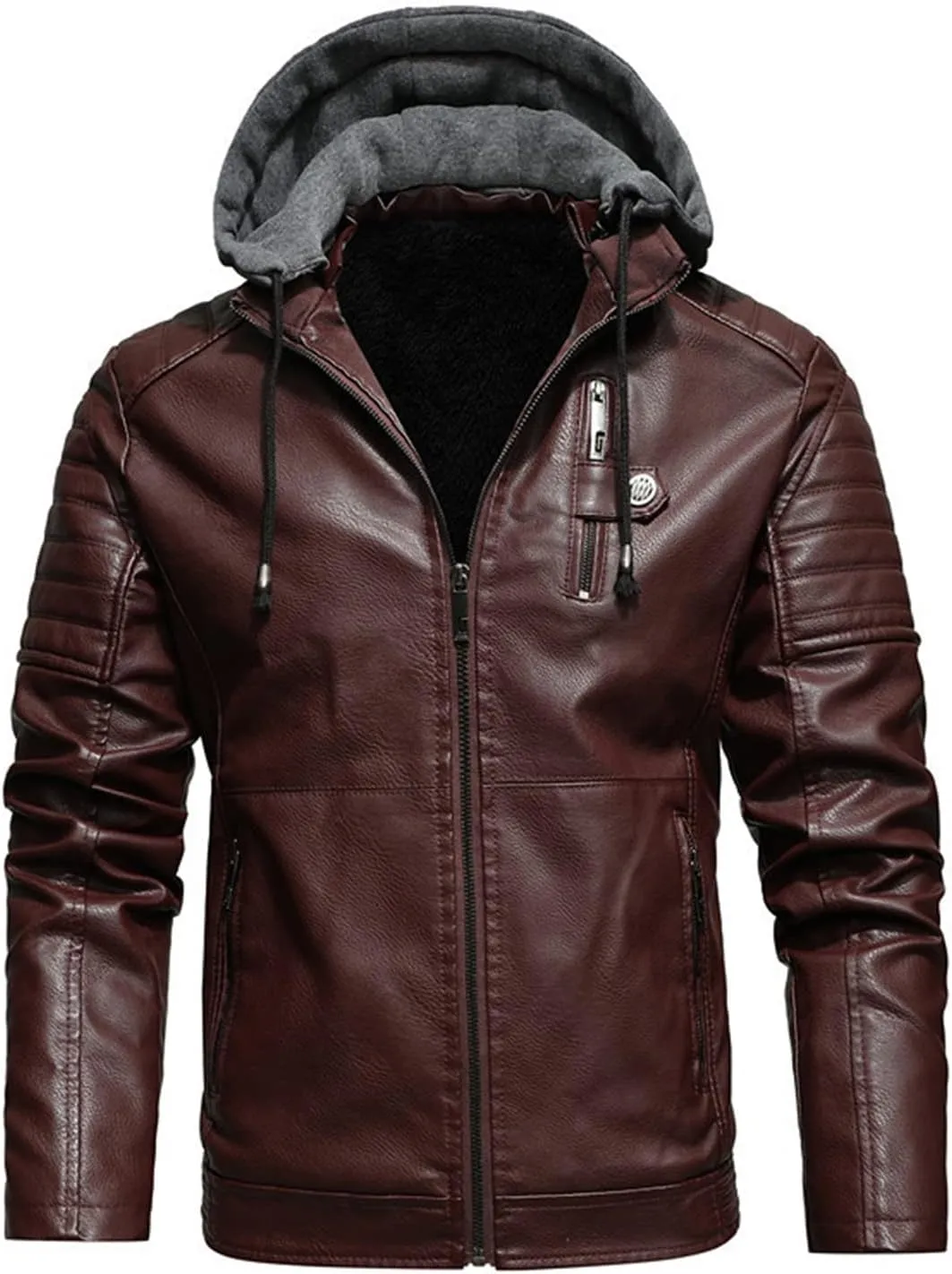 Lu's Chic Men's Faux Leather Jacket Hooded Jackets Thermal Sherpa Fleece Slim Fit Fall Full Zip Coats