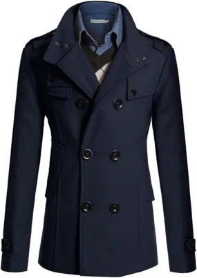 Lu's Chic Men's Long Sleeve Tops Double Breasted Slim Fit Pea Coat Jacket Fashion Outerwear