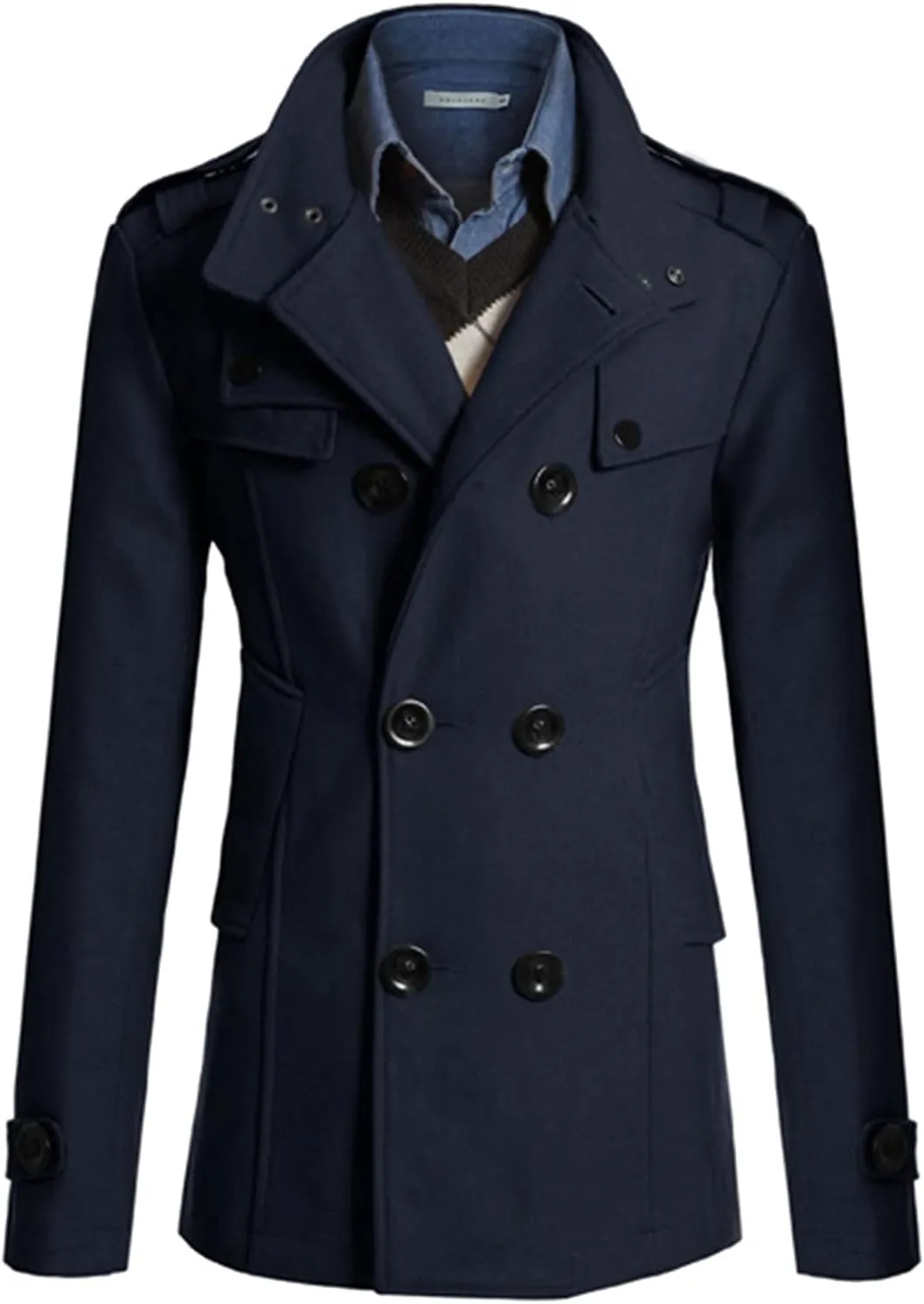 Lu's Chic Men's Long Sleeve Tops Double Breasted Slim Fit Pea Coat Jacket Fashion Outerwear