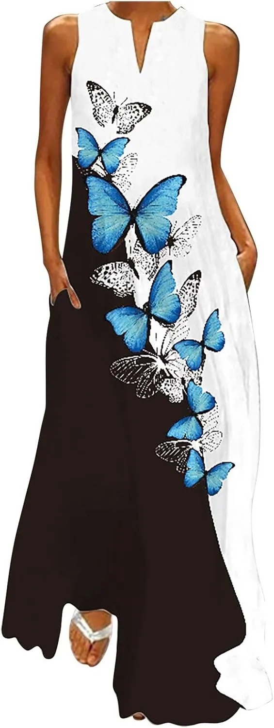 Maxi Dresses for Women 2024 Casual Plus Size Printed Sundresses with Pockets Trendy V Neck Sun Dress Summer Dress