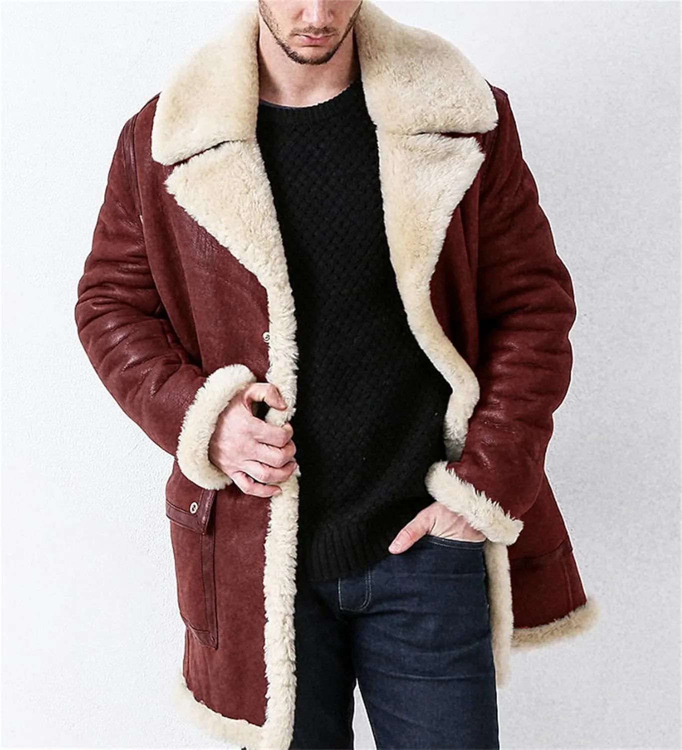 Men Faux Suede Sherpa Fleece Lined Jackets Fur Collar Long Trench Coat Winter Heavyweight Big and Tall Outwear