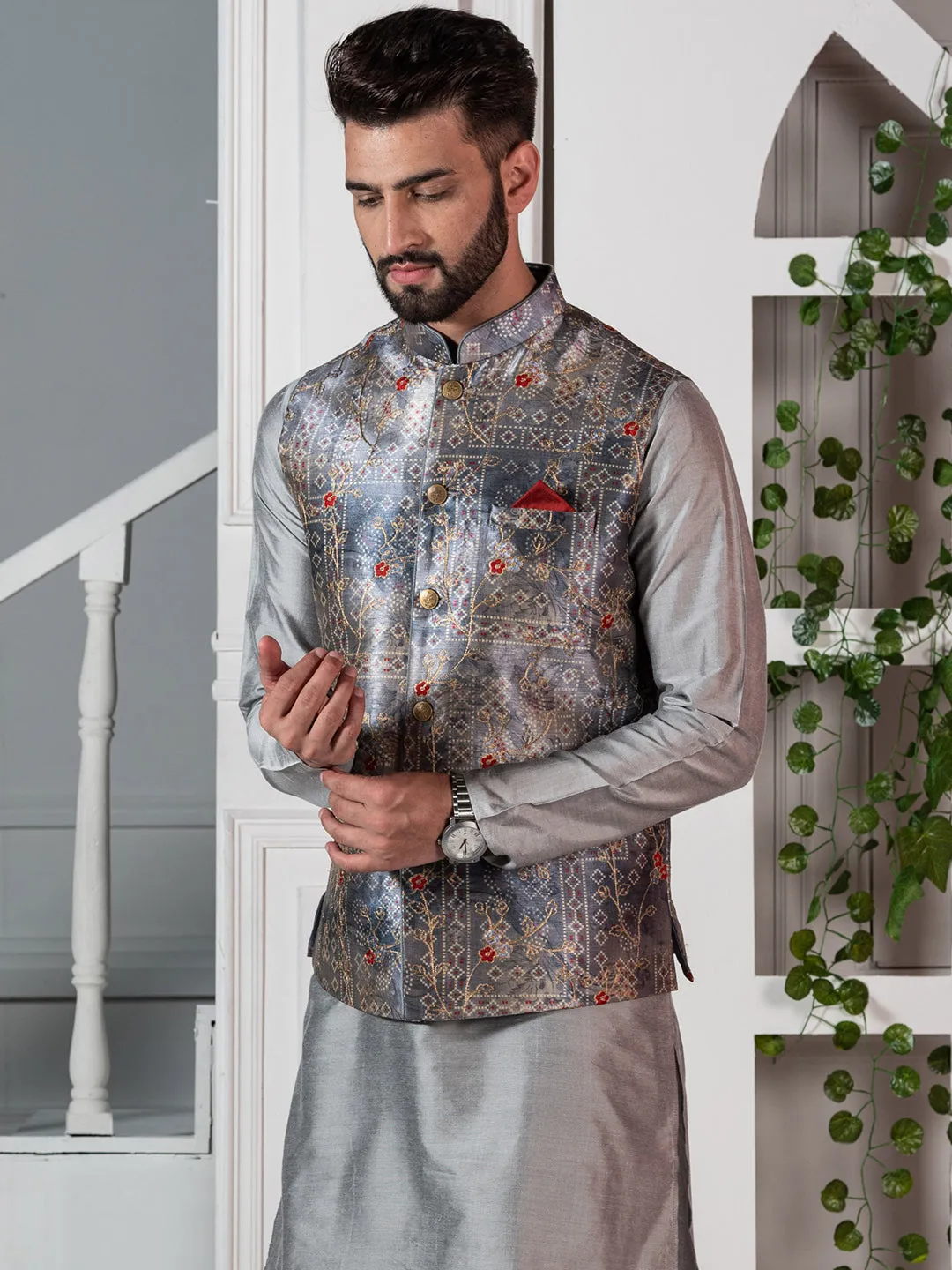 Men Grey Nehru Jacket (Set of 1)