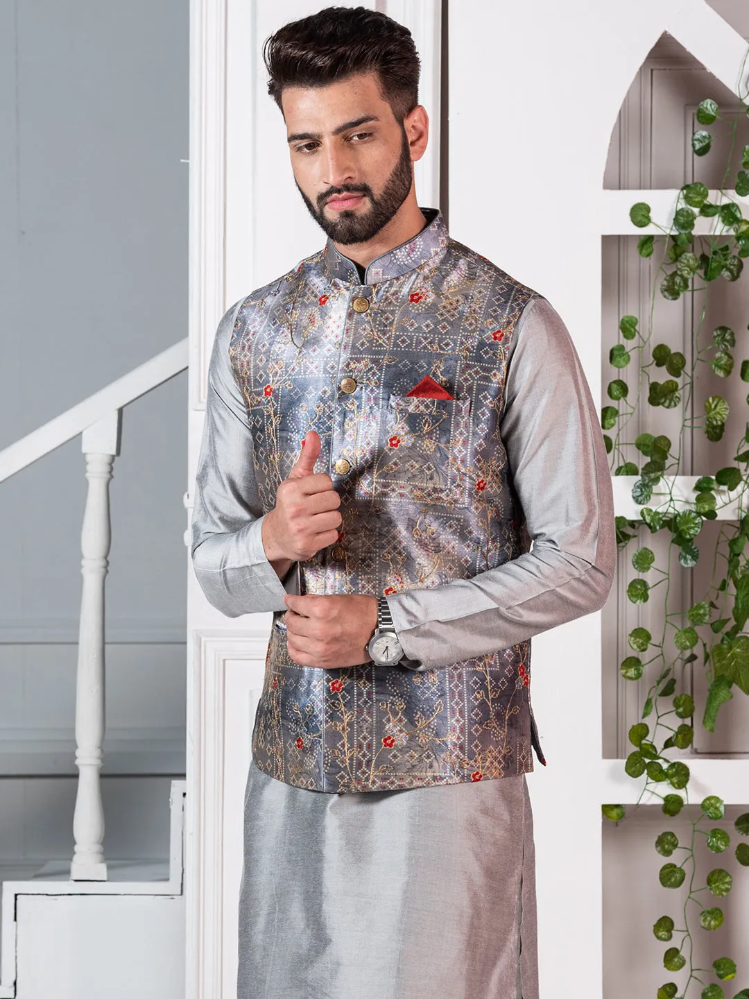 Men Grey Nehru Jacket (Set of 1)