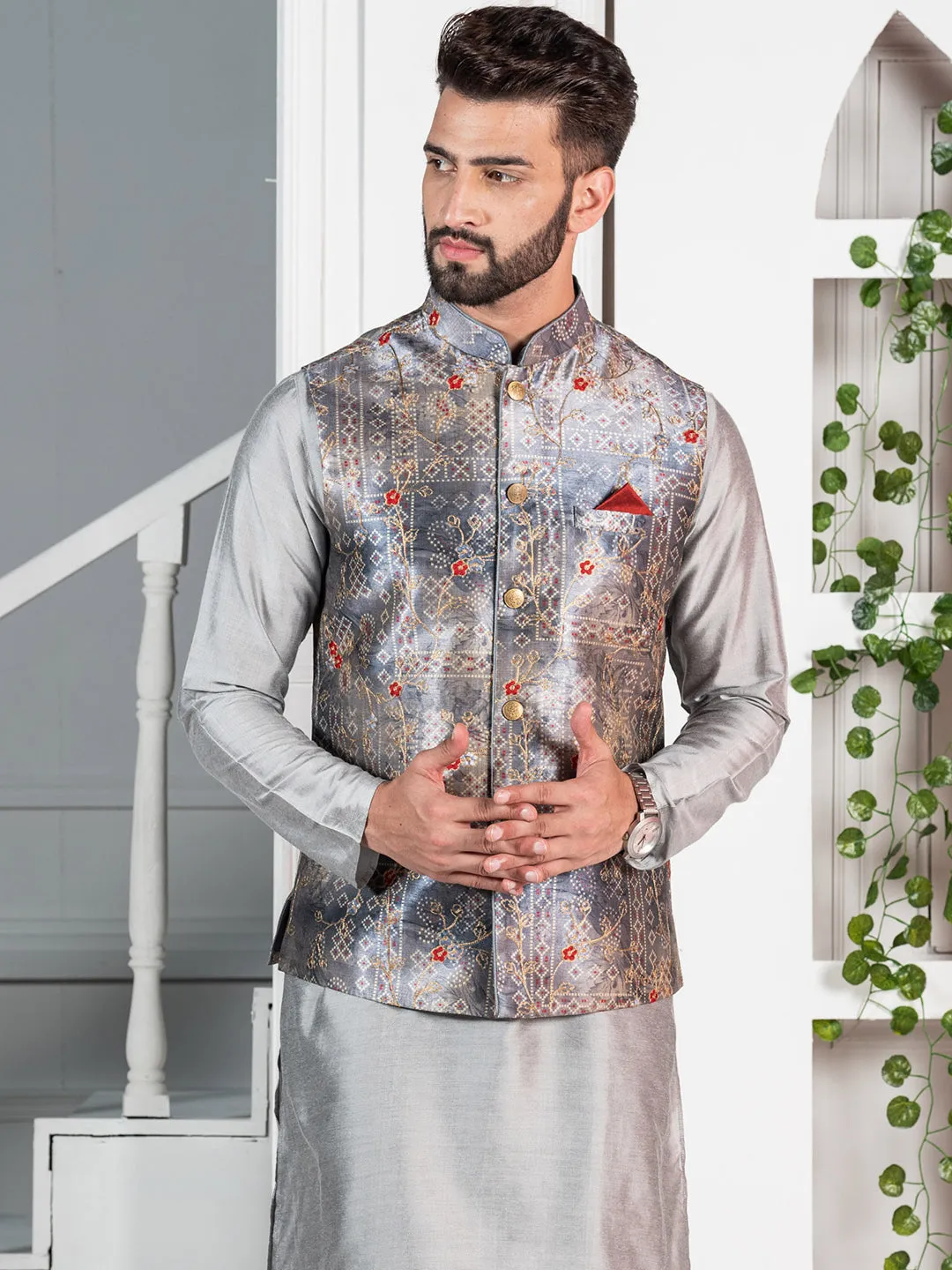 Men Grey Nehru Jacket (Set of 1)