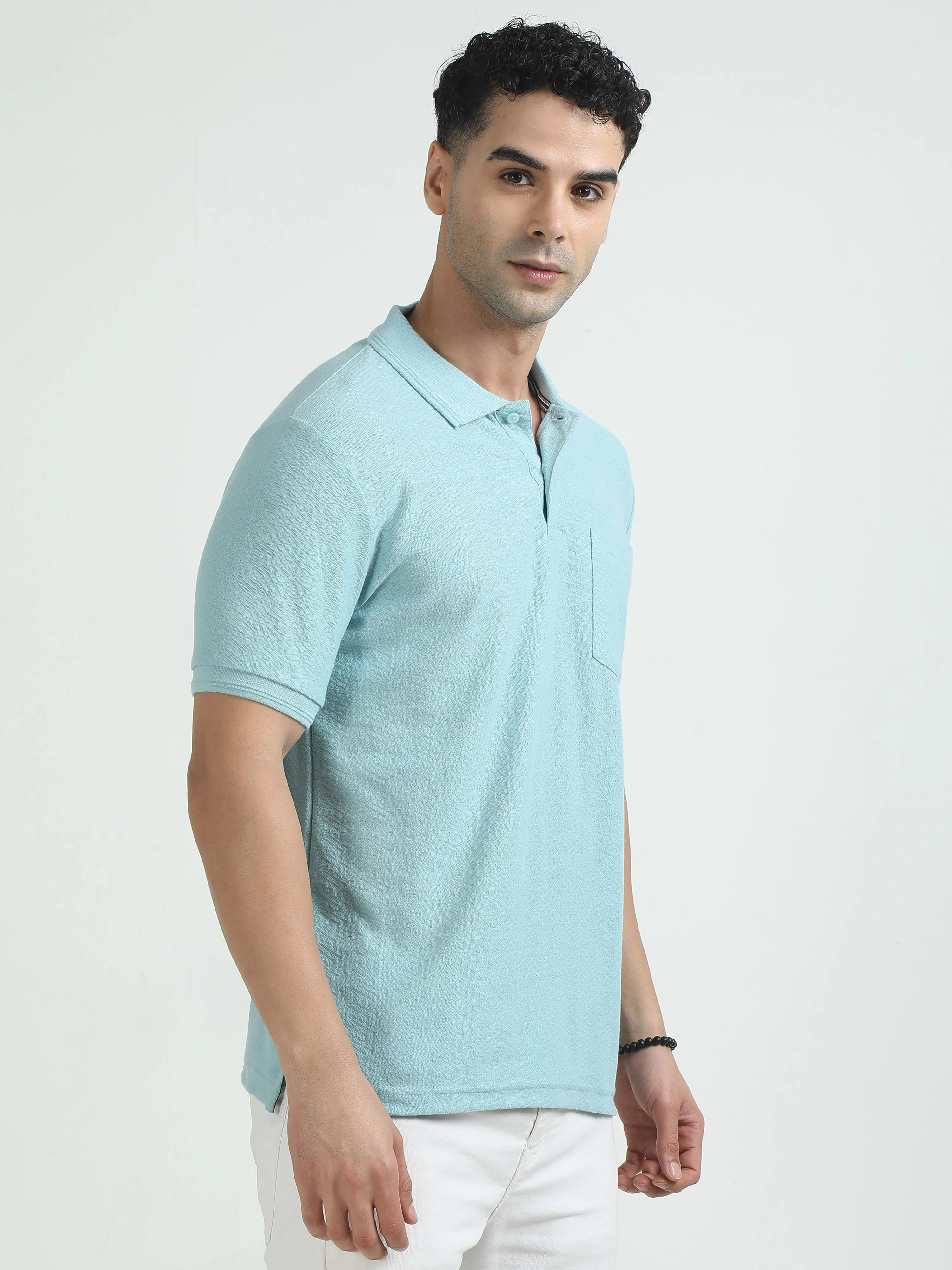 Men Sky Blue Printed Regular Fit Half Sleeve Polo Neck T-Shirt