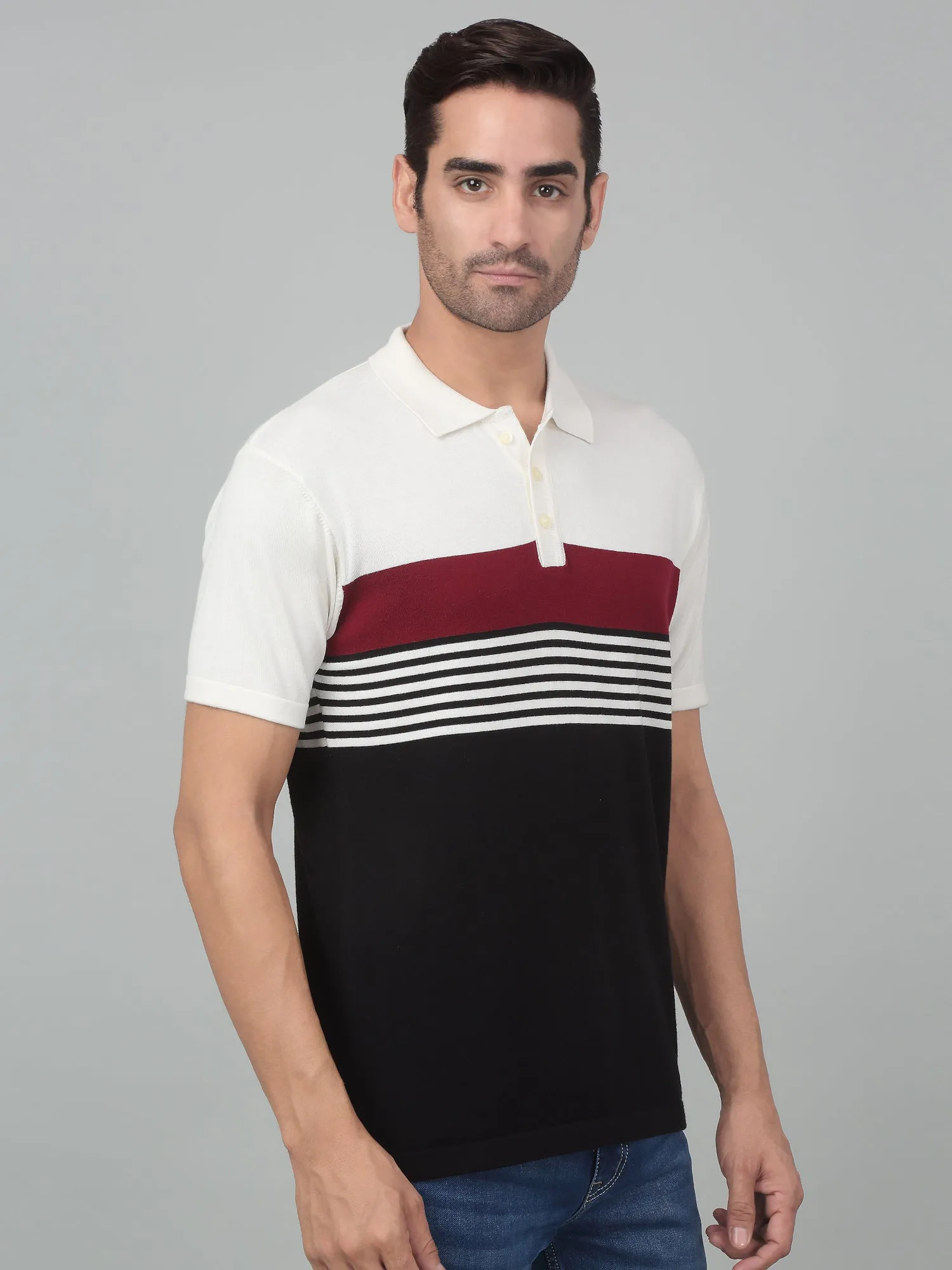 Men's Black Color block Polo neck Half Sleeve T-Shirt