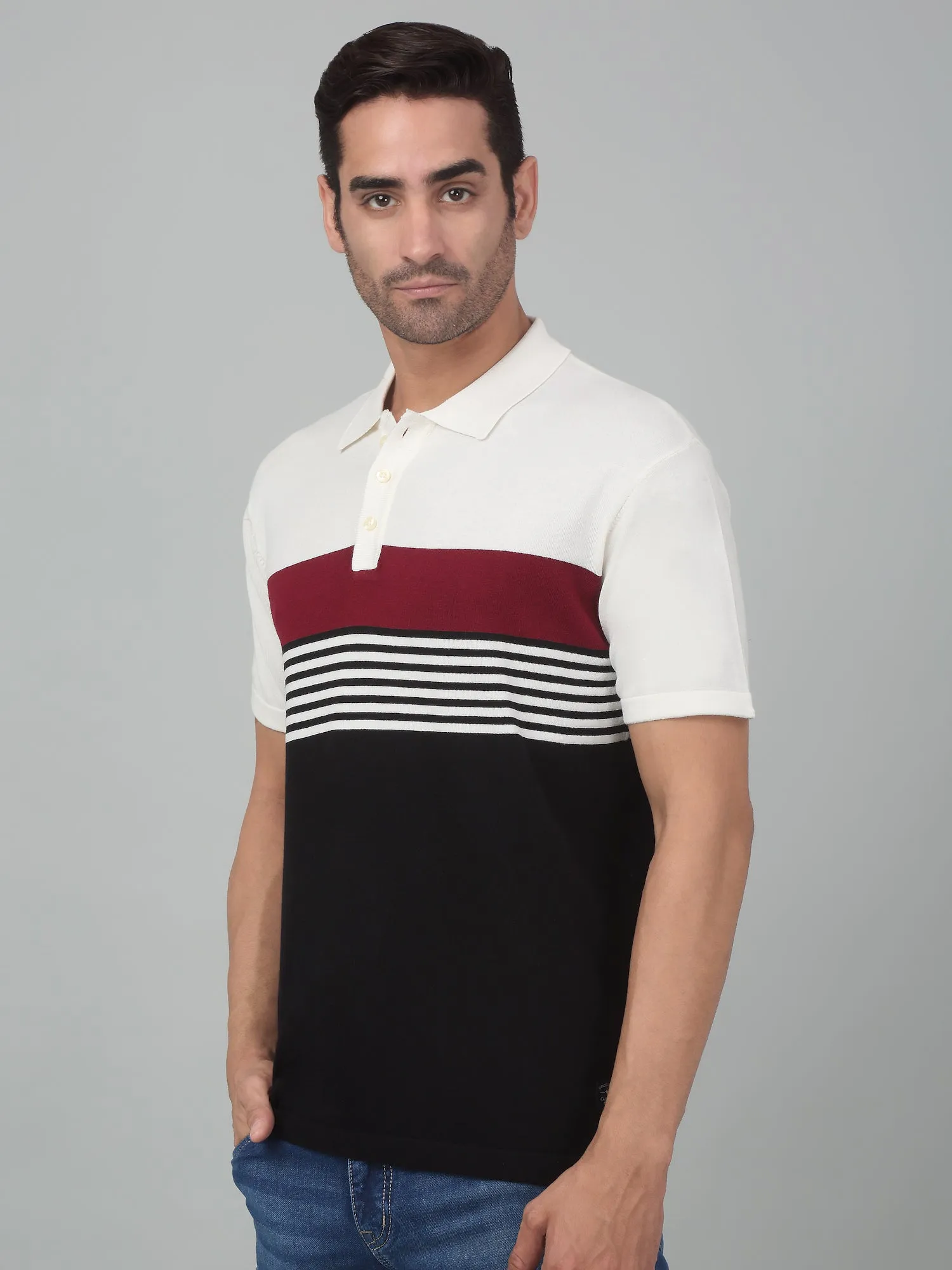 Men's Black Color block Polo neck Half Sleeve T-Shirt