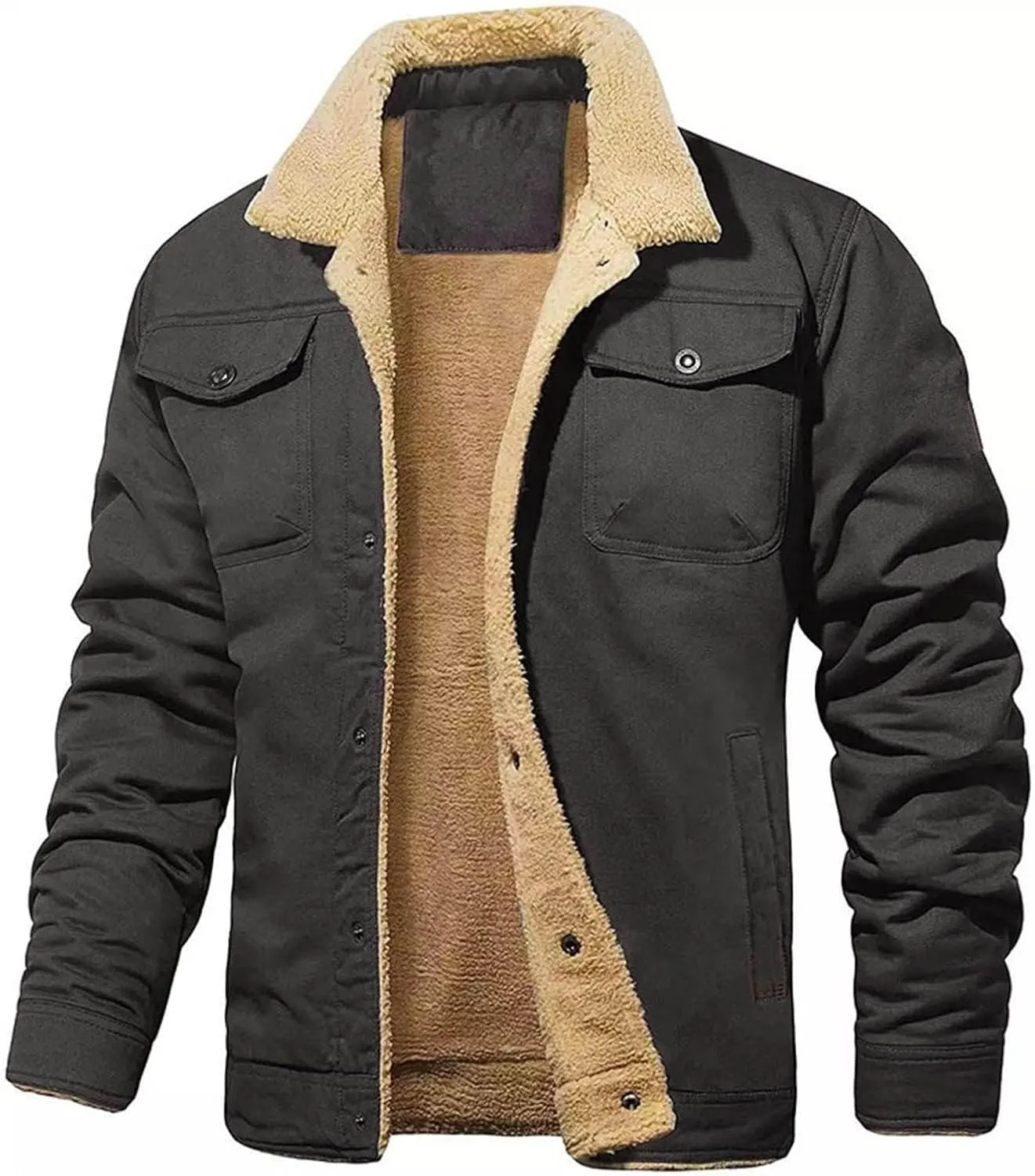 Mens Cargo Jacket Warm Winter Coat Sherpa Fleece Lined Jacket Casual Button Down Jacket Military Trucker Work Jacket