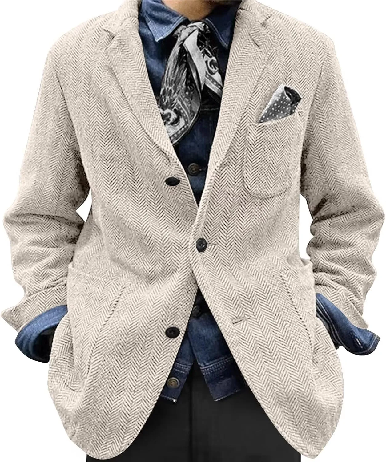 Mens Herringbone Suit Blazer Retro Vintage Slim Fit Tweed Jacket Three Button Chic Sport Coat Wedding