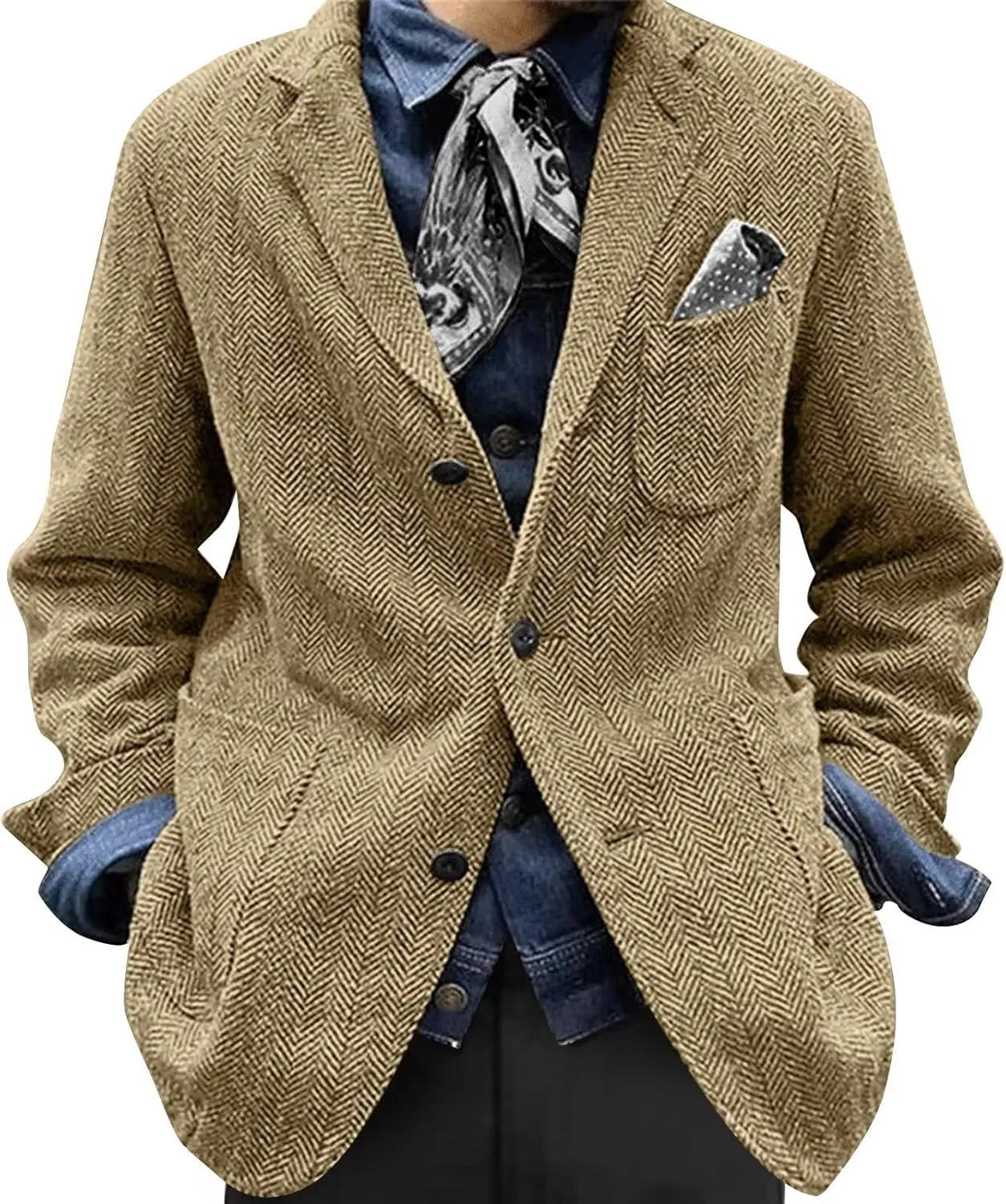 Mens Herringbone Suit Blazer Retro Vintage Slim Fit Tweed Jacket Three Button Chic Sport Coat Wedding