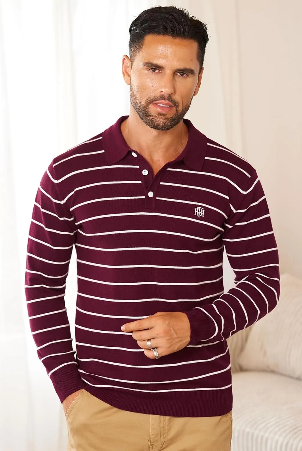 Mens Knit Polo Sweater Long Sleeve Striped Casual Button Golf Shirt (S-XXL)