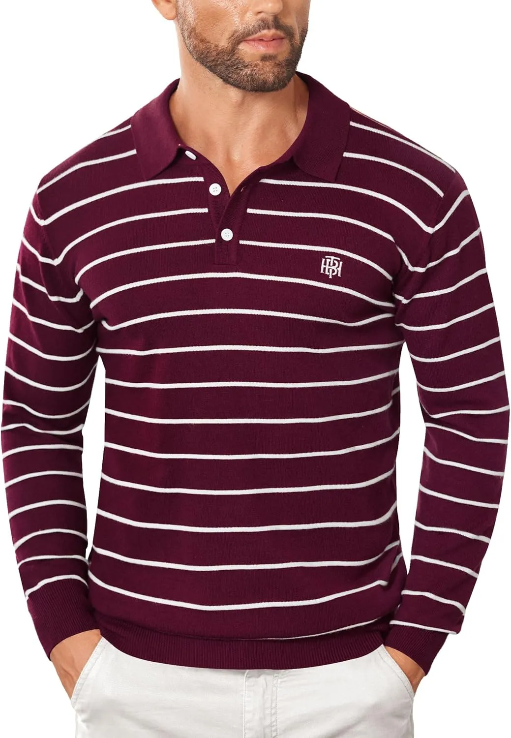 Mens Knit Polo Sweater Long Sleeve Striped Casual Button Golf Shirt (S-XXL)