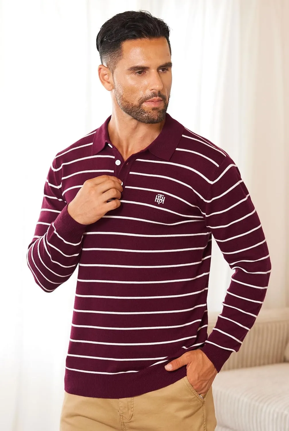 Mens Knit Polo Sweater Long Sleeve Striped Casual Button Golf Shirt (S-XXL)