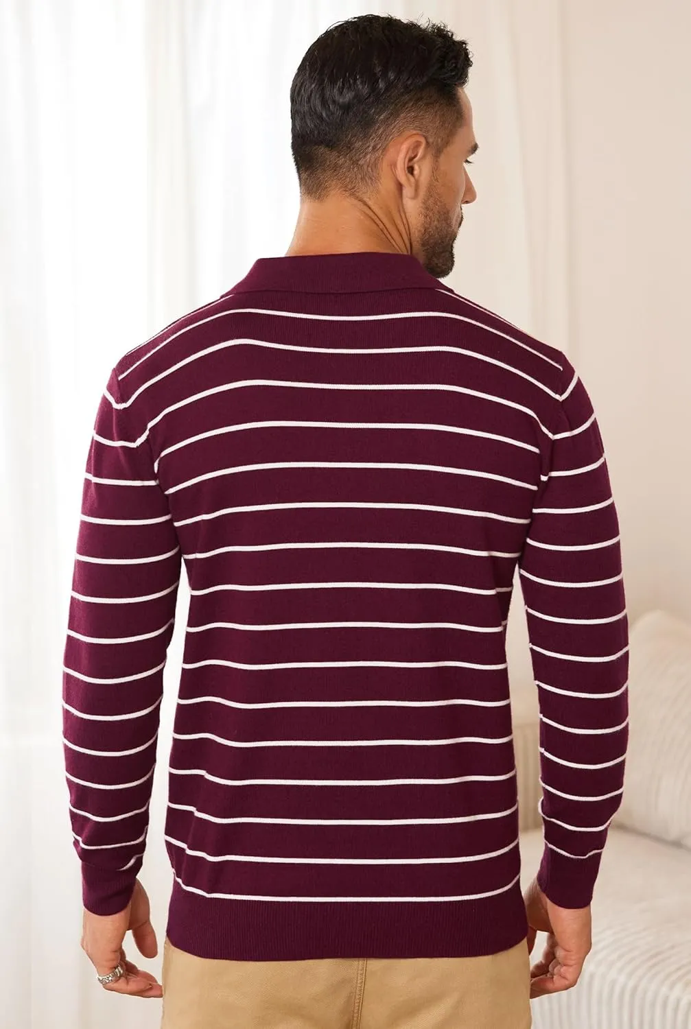 Mens Knit Polo Sweater Long Sleeve Striped Casual Button Golf Shirt (S-XXL)