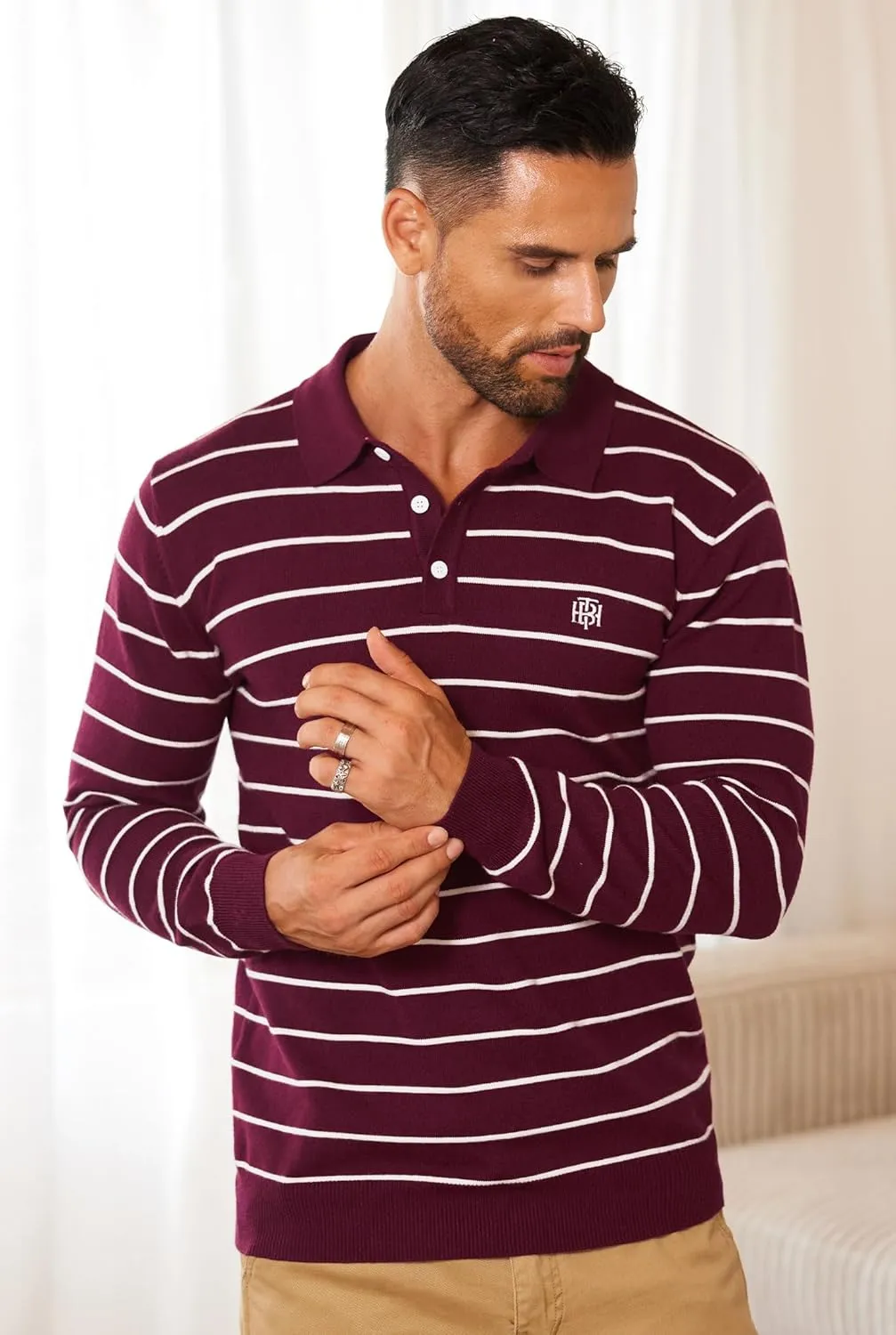 Mens Knit Polo Sweater Long Sleeve Striped Casual Button Golf Shirt (S-XXL)