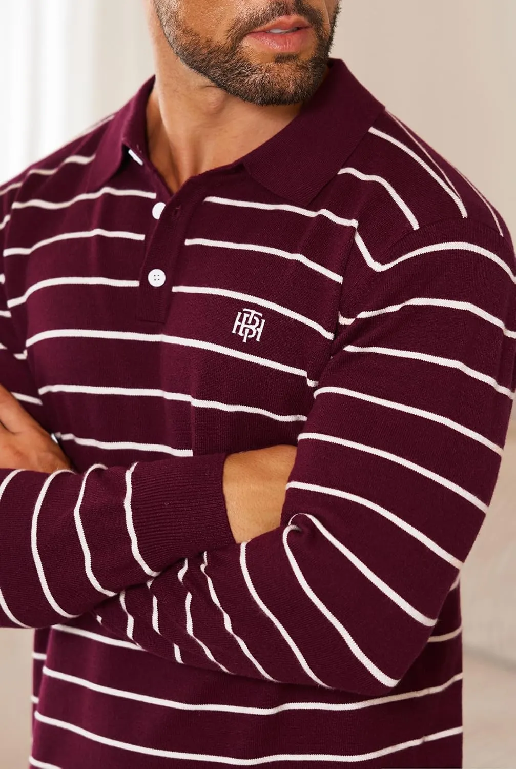 Mens Knit Polo Sweater Long Sleeve Striped Casual Button Golf Shirt (S-XXL)