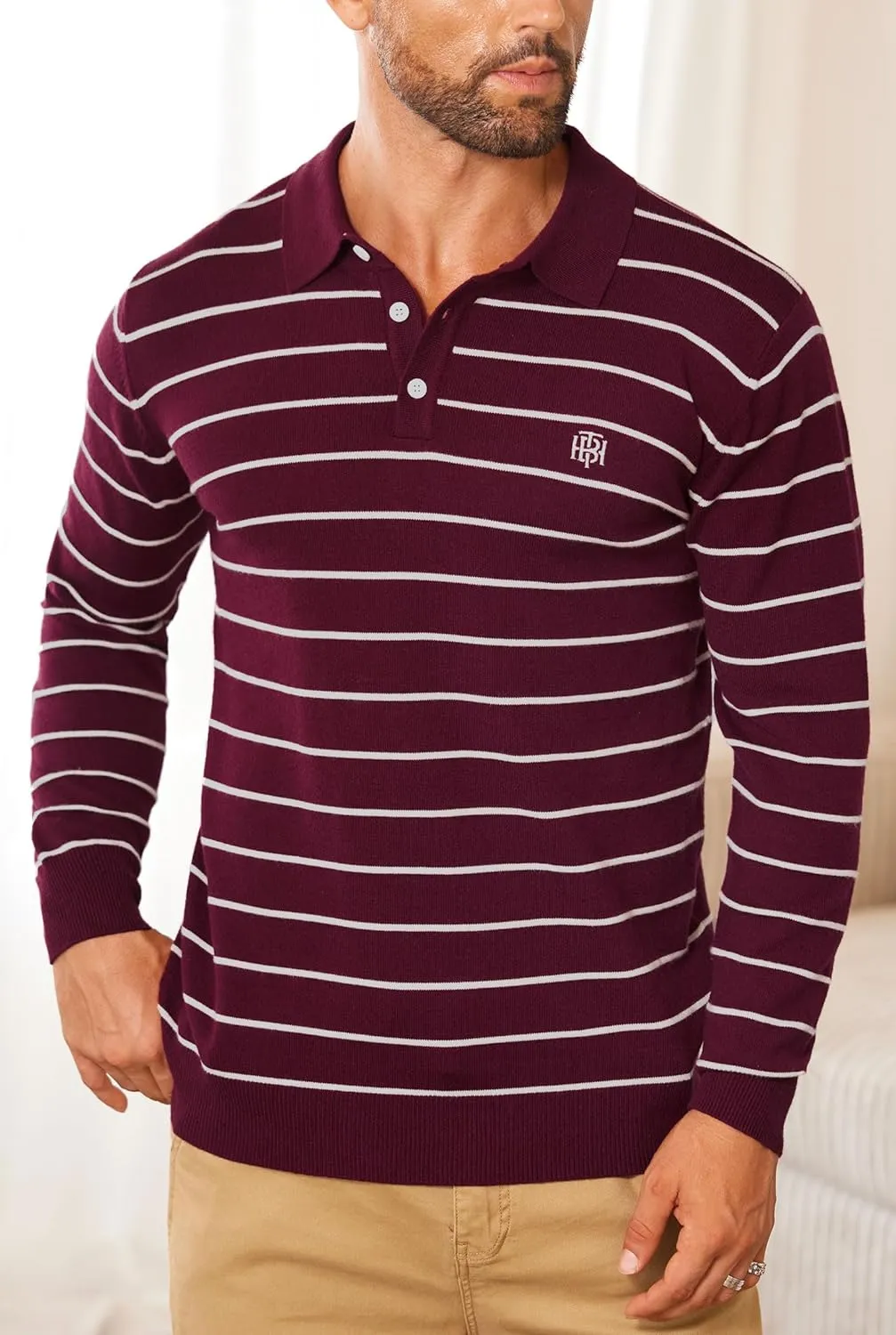 Mens Knit Polo Sweater Long Sleeve Striped Casual Button Golf Shirt (S-XXL)
