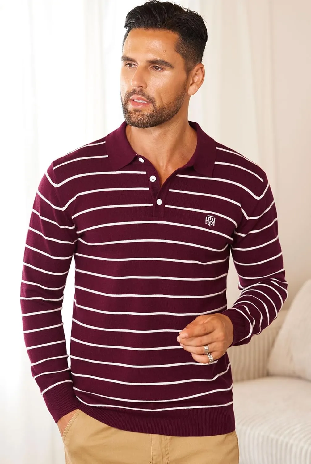 Mens Knit Polo Sweater Long Sleeve Striped Casual Button Golf Shirt (S-XXL)