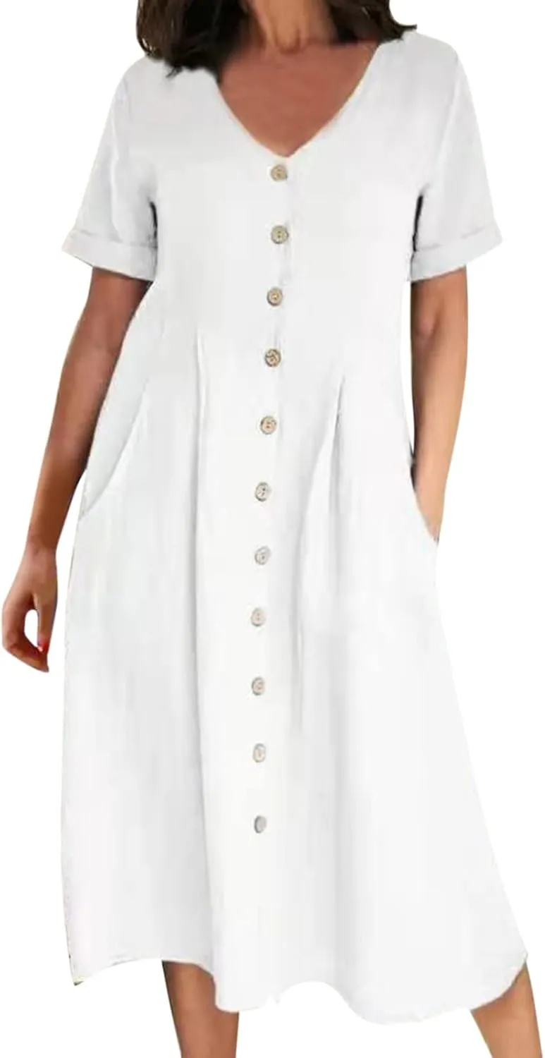 Midi Dresses for Women Casual Solid Button Down Long Dress with Pockets Loose V Neck Short Sleeve Summer Dresses