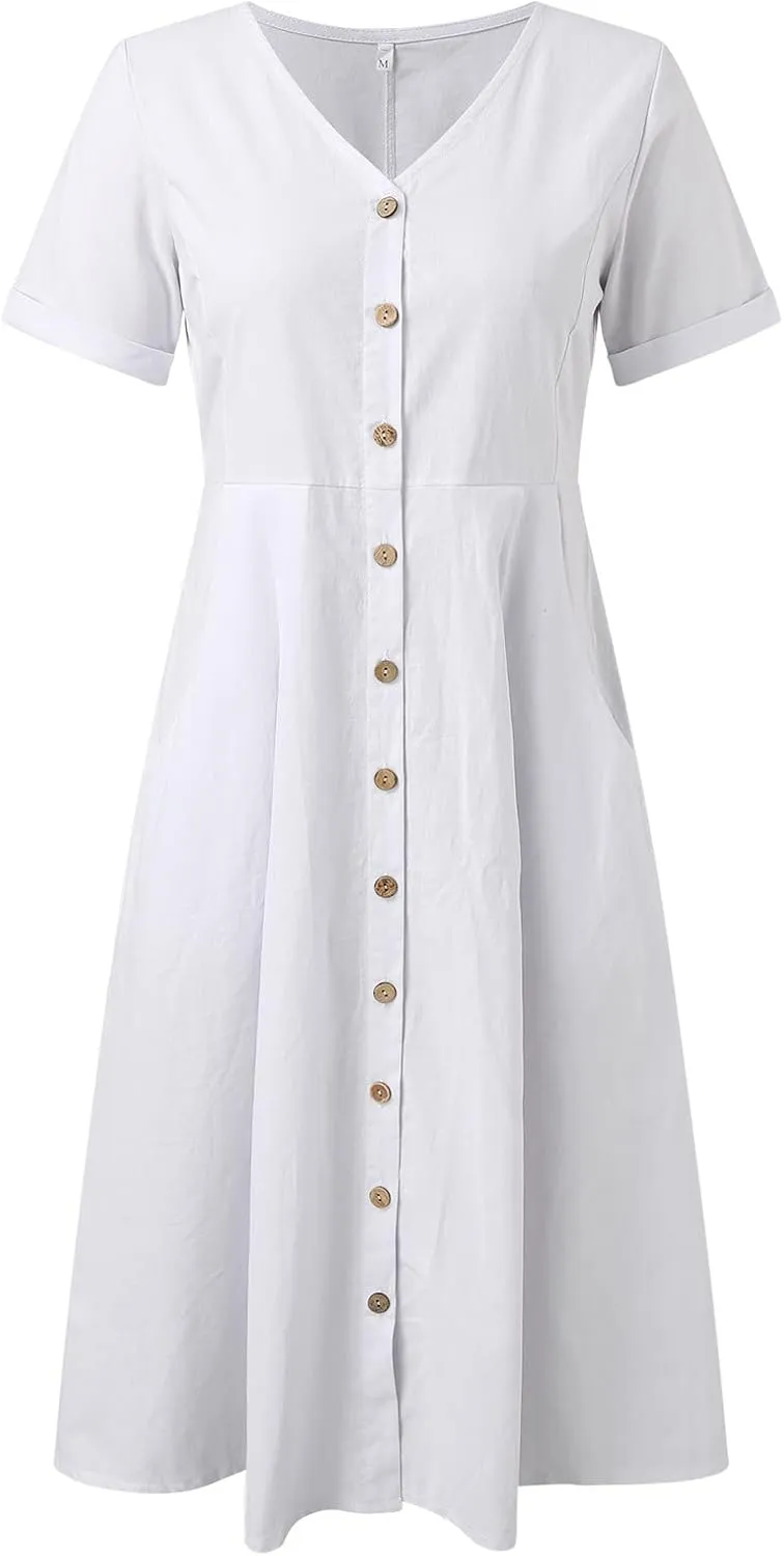 Midi Dresses for Women Casual Solid Button Down Long Dress with Pockets Loose V Neck Short Sleeve Summer Dresses