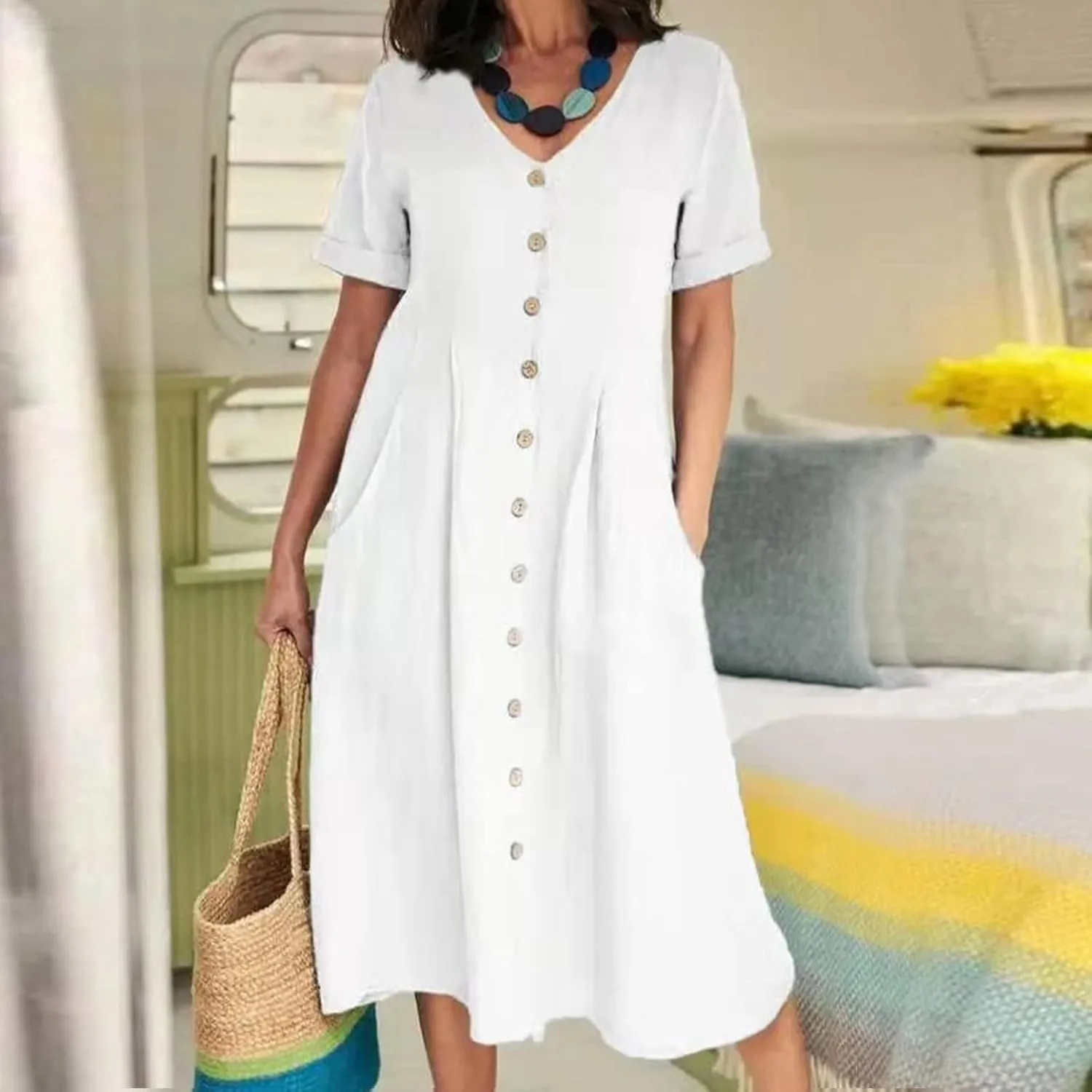 Midi Dresses for Women Casual Solid Button Down Long Dress with Pockets Loose V Neck Short Sleeve Summer Dresses