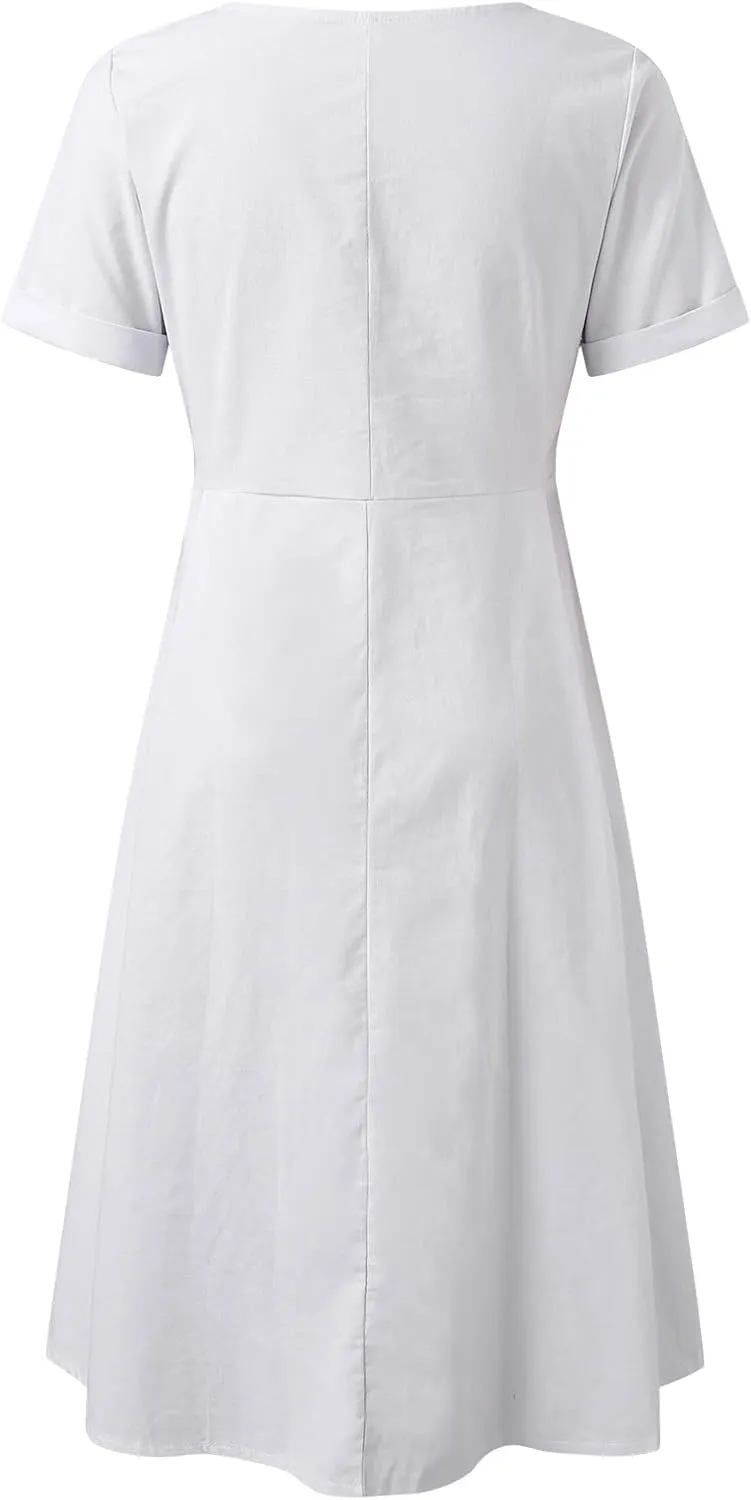 Midi Dresses for Women Casual Solid Button Down Long Dress with Pockets Loose V Neck Short Sleeve Summer Dresses