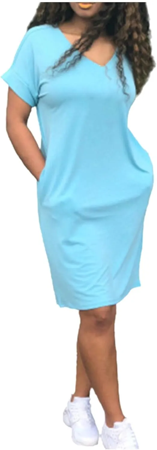 Midi Dresses for Women V Neck Short Sleeve Tshirt Dress with Pockets Casual Solid Maternity Dress Summer Dresses