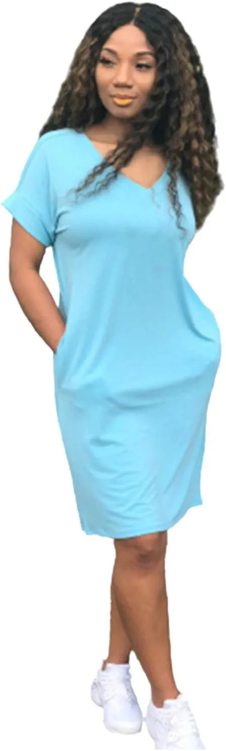 Midi Dresses for Women V Neck Short Sleeve Tshirt Dress with Pockets Casual Solid Maternity Dress Summer Dresses