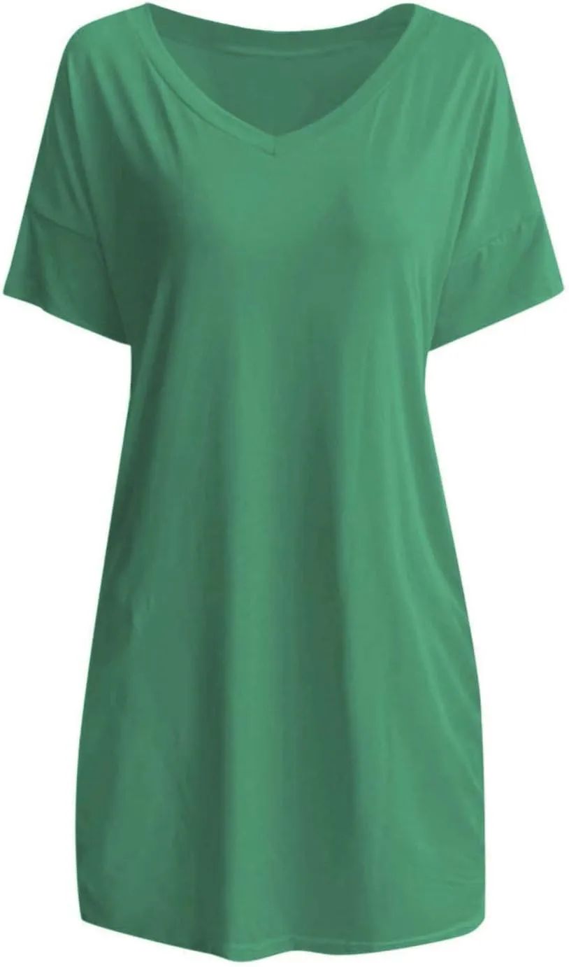 Midi Dresses for Women V Neck Short Sleeve Tshirt Dress with Pockets Casual Solid Maternity Dress Summer Dresses