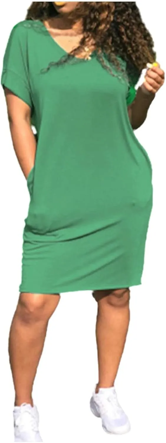 Midi Dresses for Women V Neck Short Sleeve Tshirt Dress with Pockets Casual Solid Maternity Dress Summer Dresses