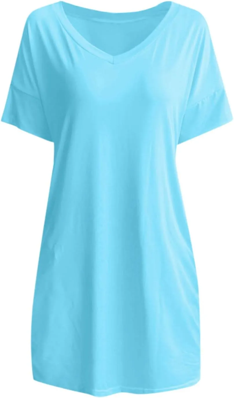 Midi Dresses for Women V Neck Short Sleeve Tshirt Dress with Pockets Casual Solid Maternity Dress Summer Dresses