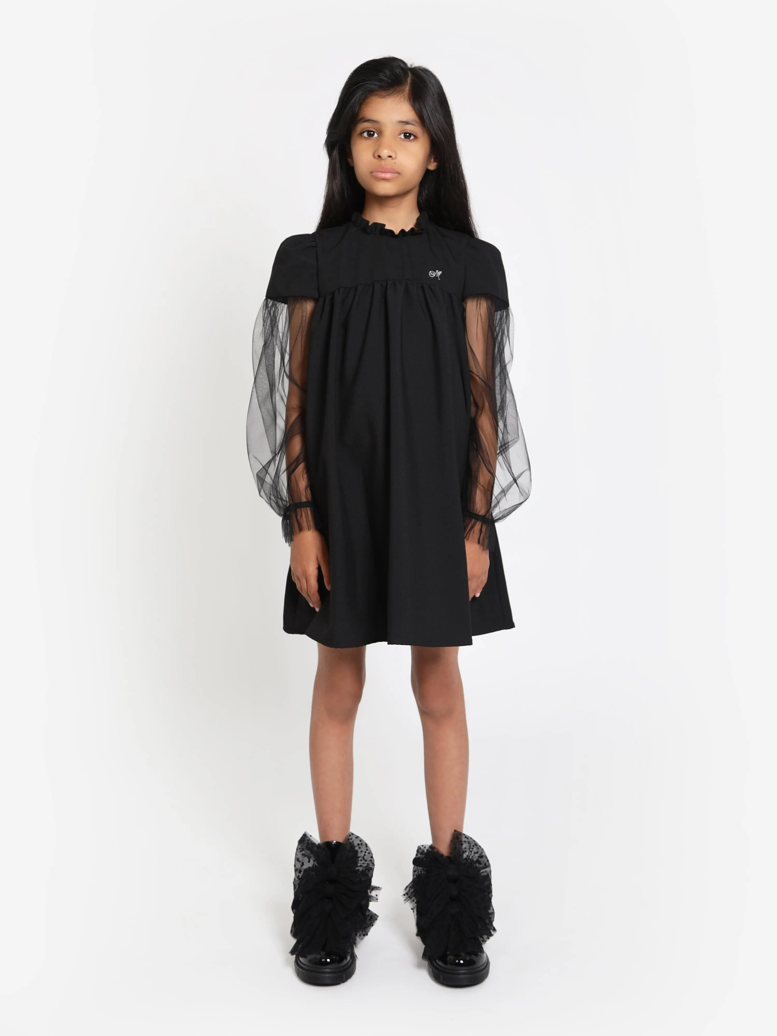 Monnalisa Girls Mesh Sleeve Shift Dress in Black