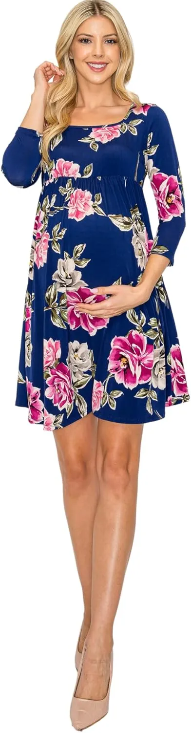 My Bump Women's Square Neck Casual Comfortable Maternity Pregnancy Long Dress W/Side Pocket (Made in USA)