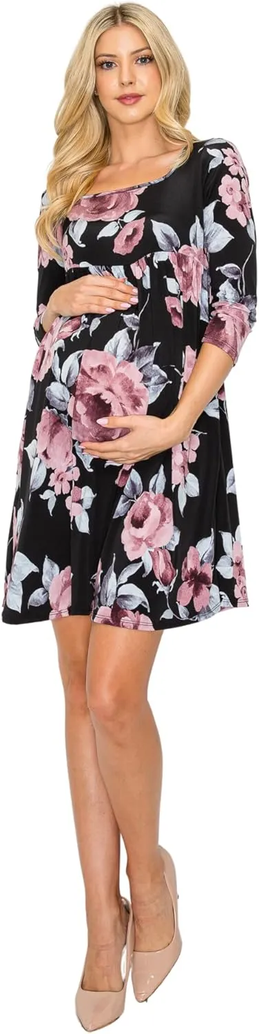 My Bump Women's Square Neck Casual Comfortable Maternity Pregnancy Long Dress W/Side Pocket (Made in USA)