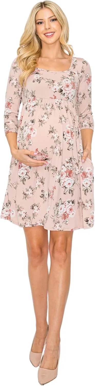 My Bump Women's Square Neck Casual Comfortable Maternity Pregnancy Long Dress W/Side Pocket (Made in USA)