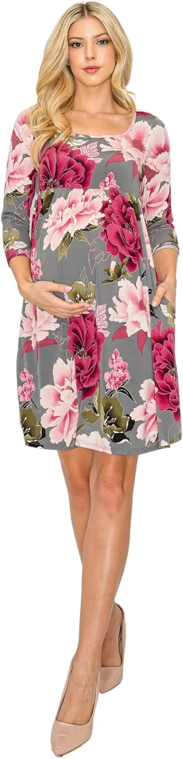 My Bump Women's Square Neck Casual Comfortable Maternity Pregnancy Long Dress W/Side Pocket (Made in USA)
