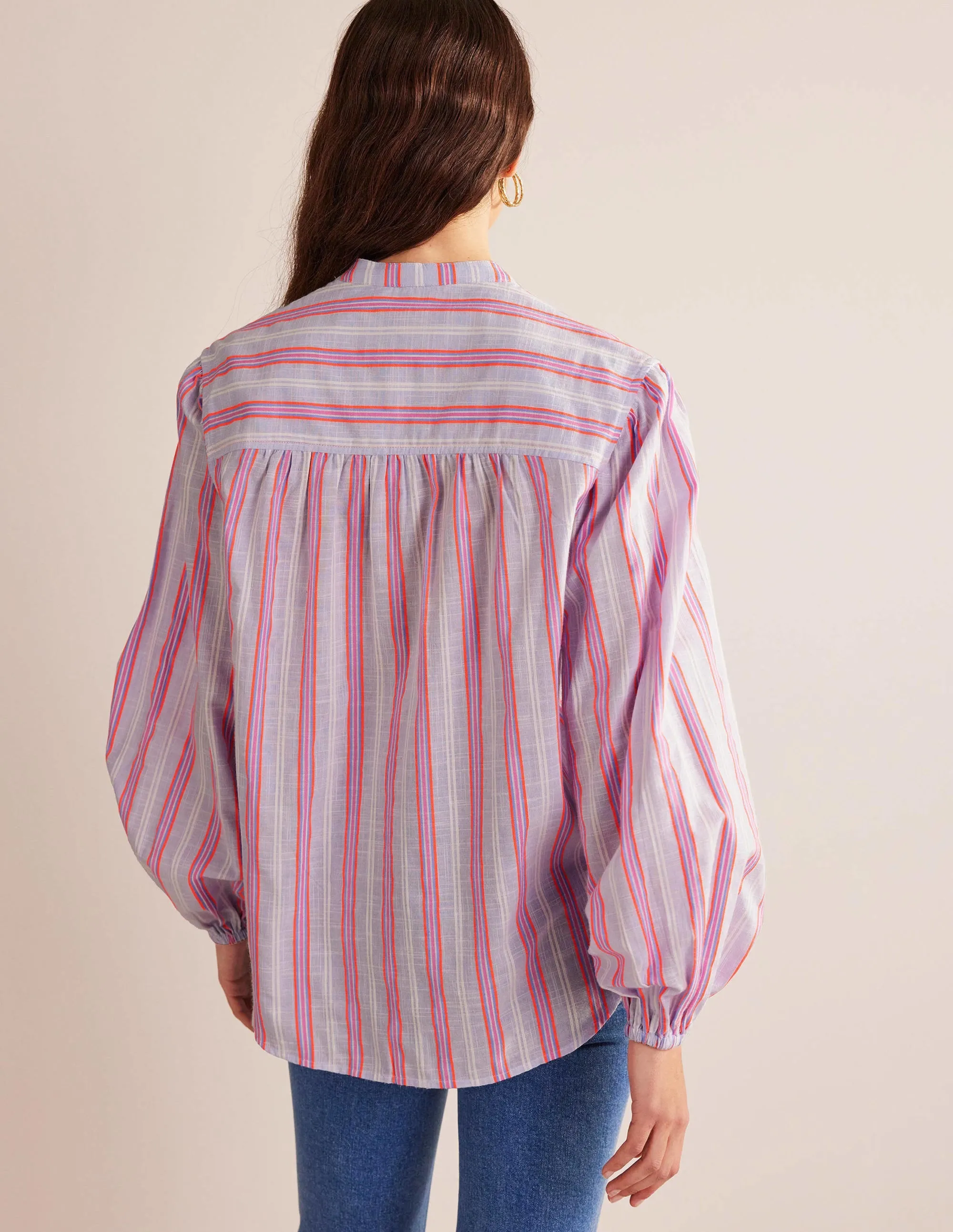 Oversized Blouson Sleeve Shirt-Blue and Watermelon Punch