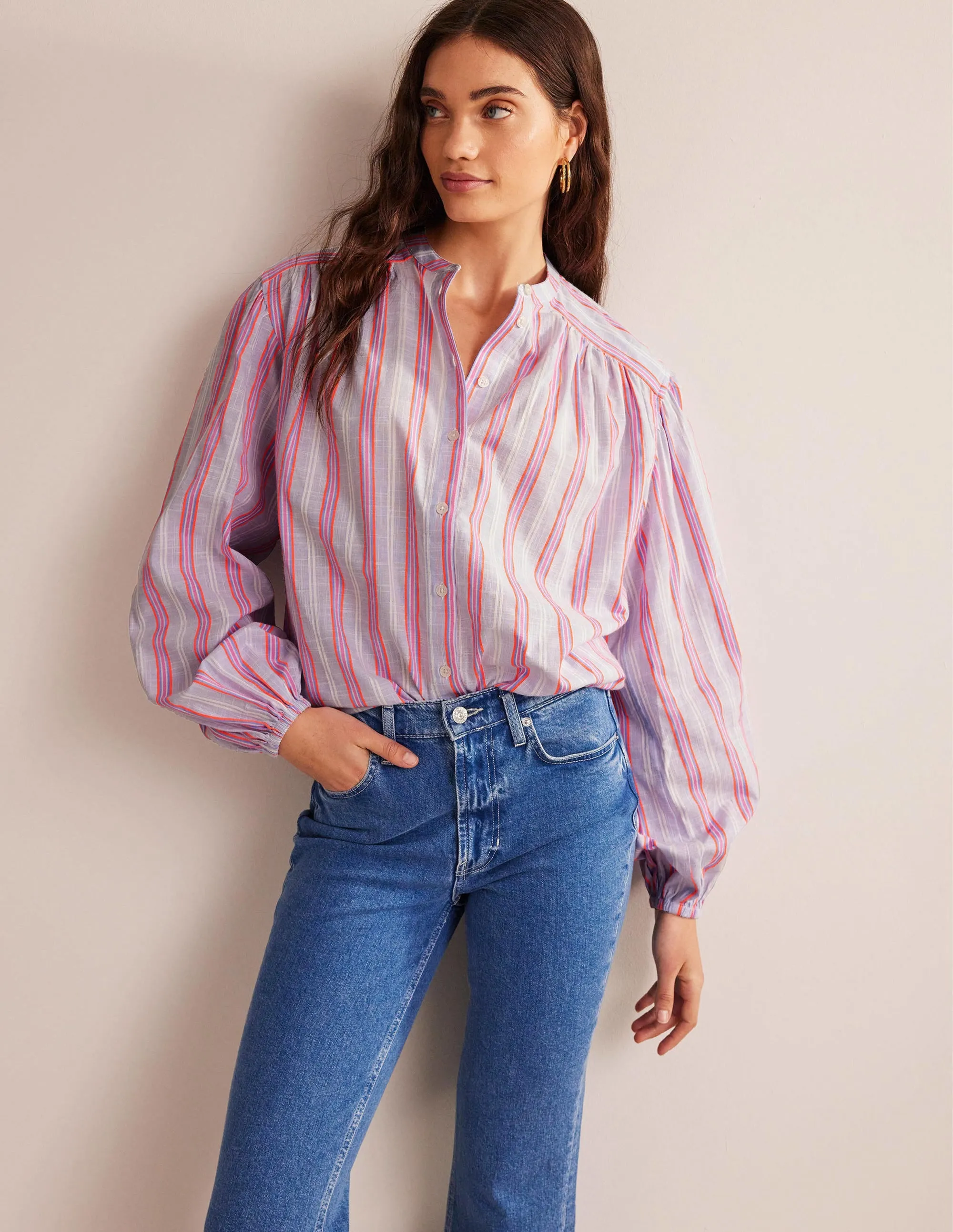 Oversized Blouson Sleeve Shirt-Blue and Watermelon Punch