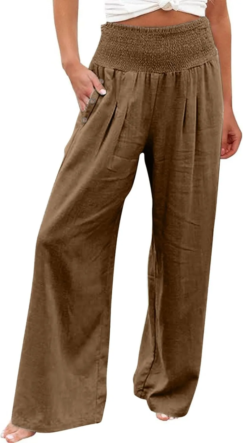 Palazzo Pants for Women Cotton Linen Wide Leg Lounge Pants Plus Size Elastic High Waisted Work Pants with Pockets