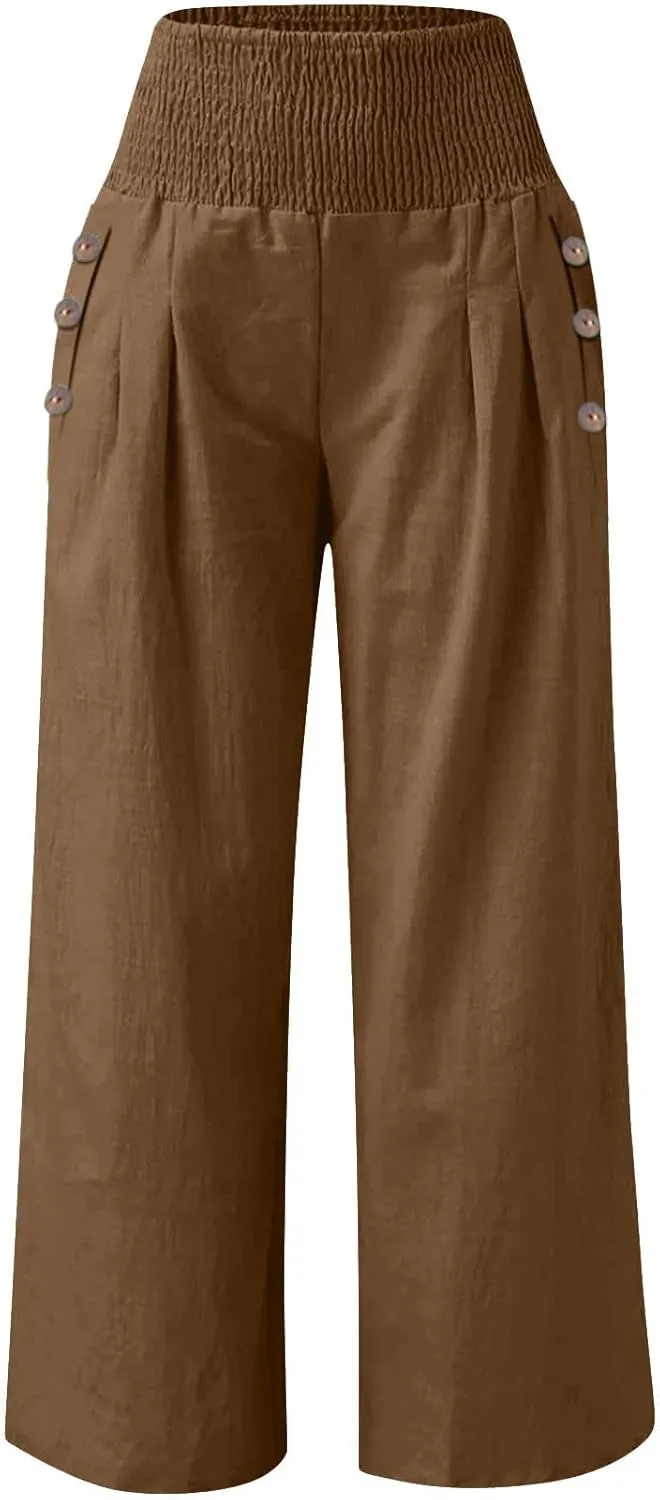 Palazzo Pants for Women Cotton Linen Wide Leg Lounge Pants Plus Size Elastic High Waisted Work Pants with Pockets