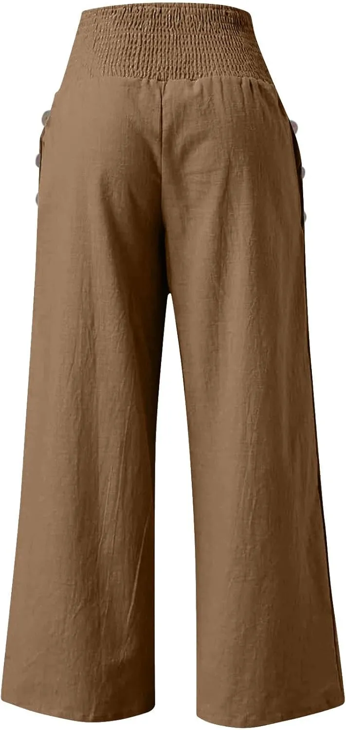 Palazzo Pants for Women Cotton Linen Wide Leg Lounge Pants Plus Size Elastic High Waisted Work Pants with Pockets