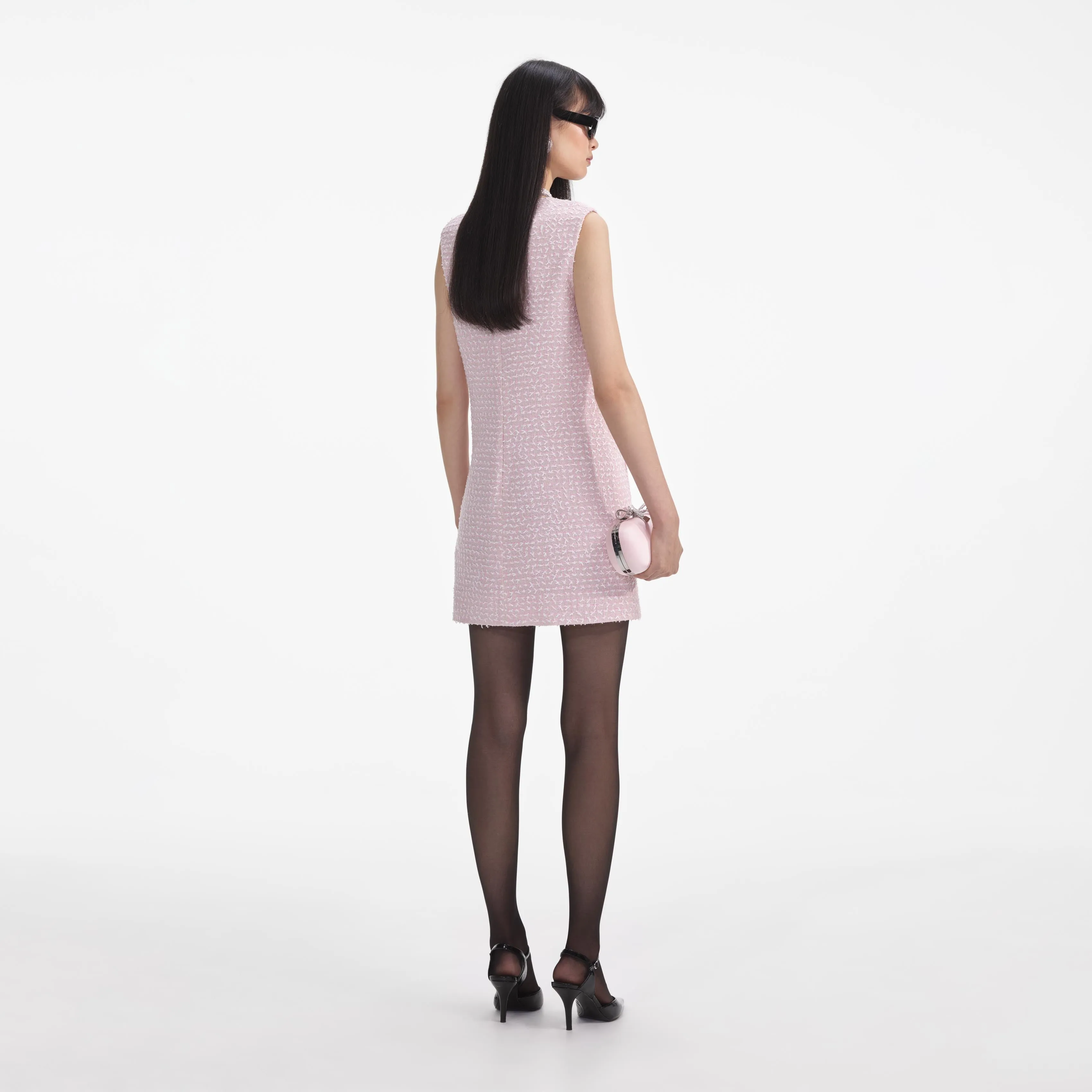 Pink Boucle Pearl Trim Mini Dress