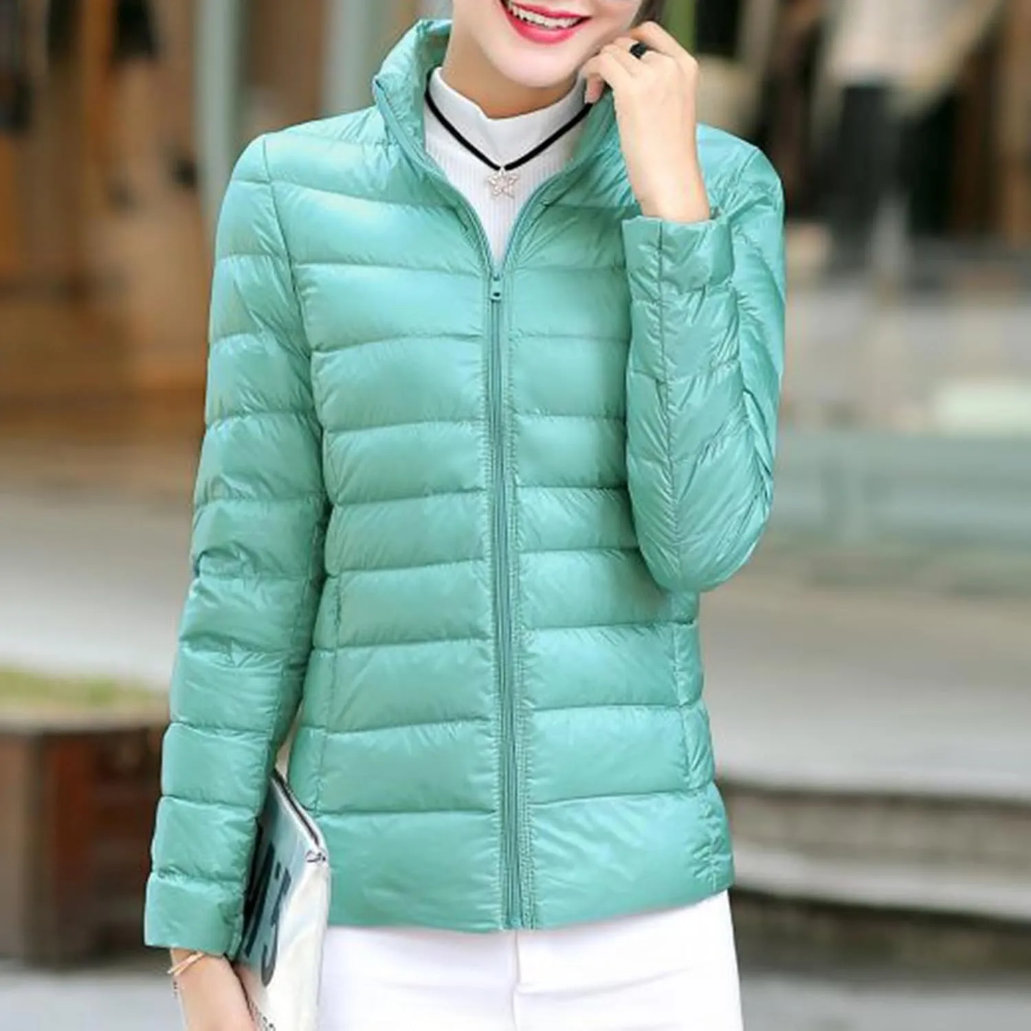 Puffer Jacket For Women Warm 2025 Full-Zip Long Sleeve Stand Collar Down Coat Ultra Light Weight Quilted Jacket Short