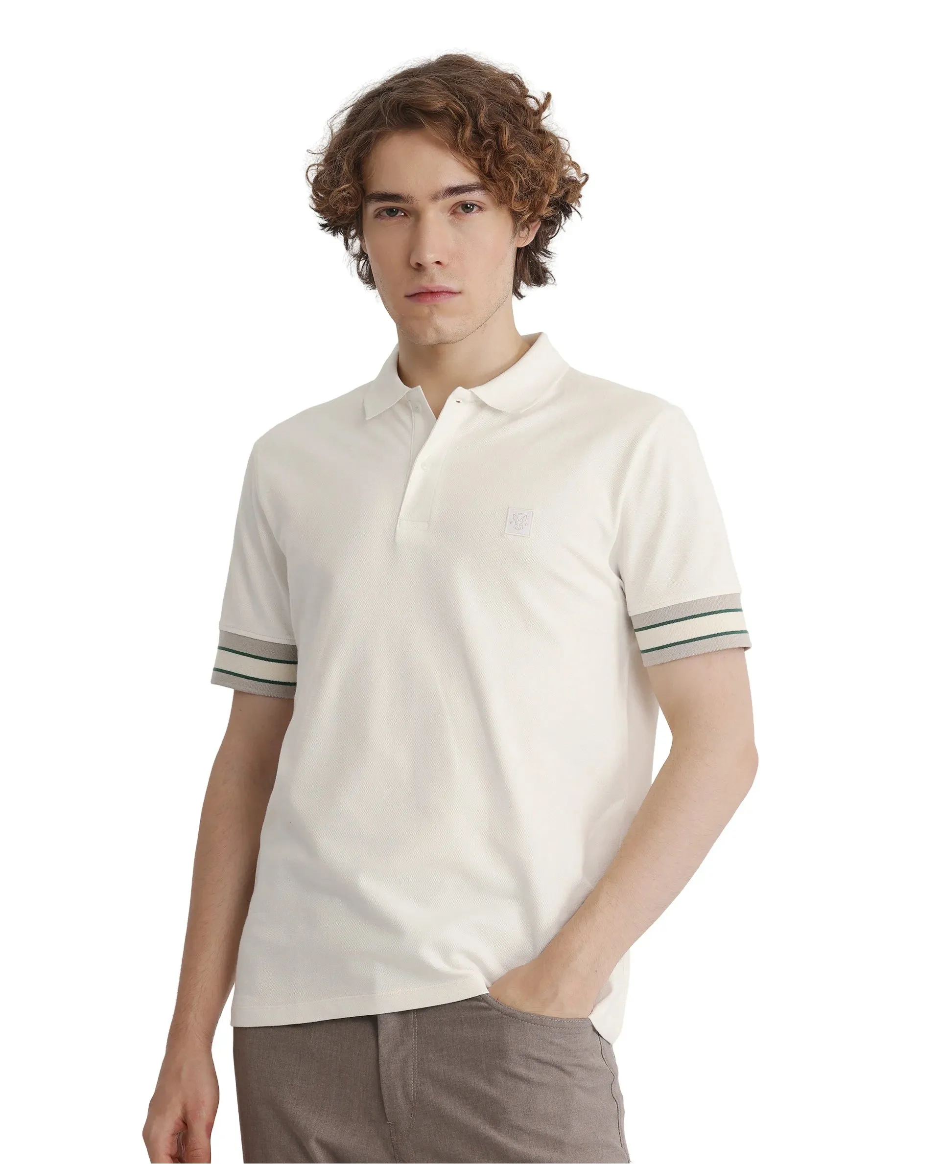 Rare Rabbit Men Tao Off White Short Sleeve Collared Neck Plain Polo