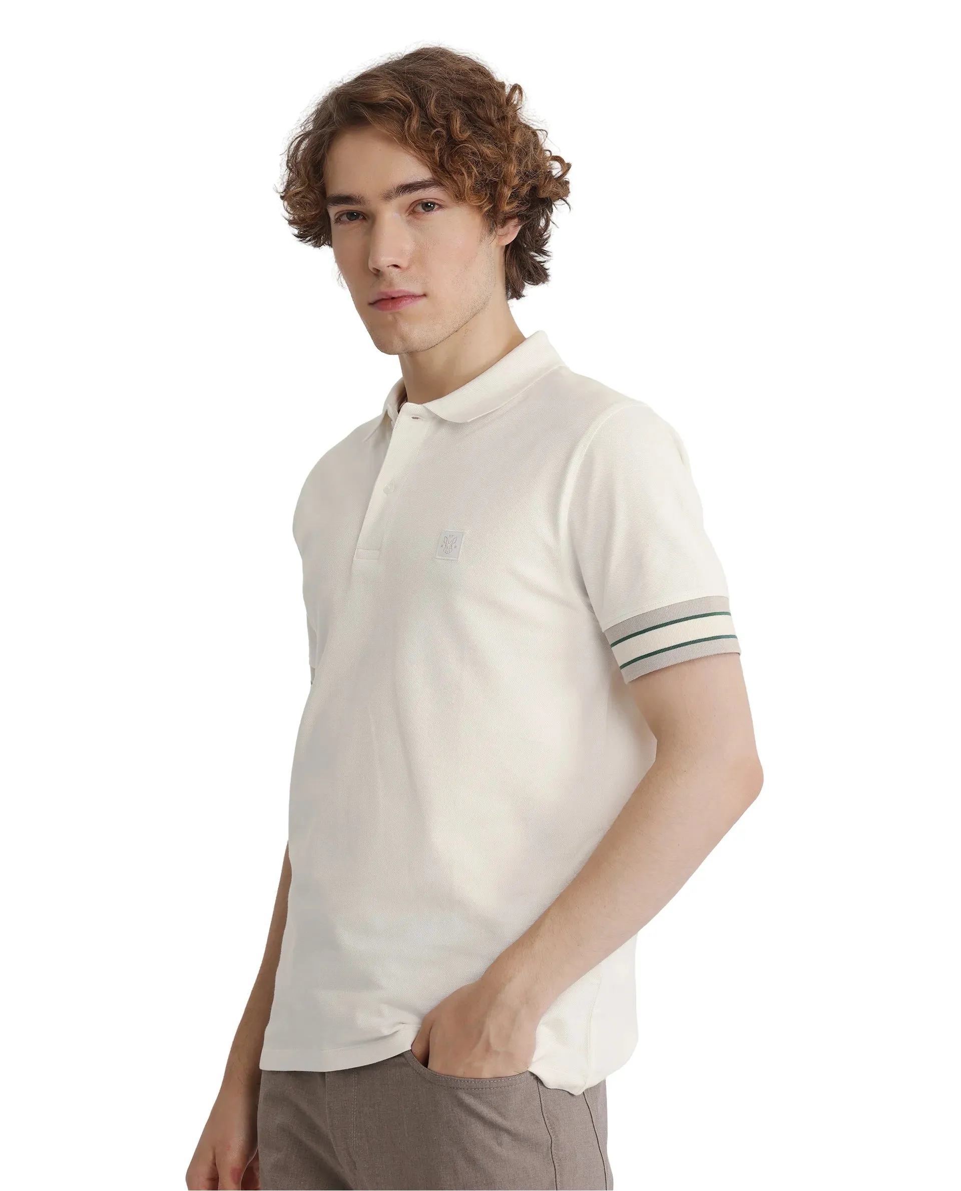 Rare Rabbit Men Tao Off White Short Sleeve Collared Neck Plain Polo
