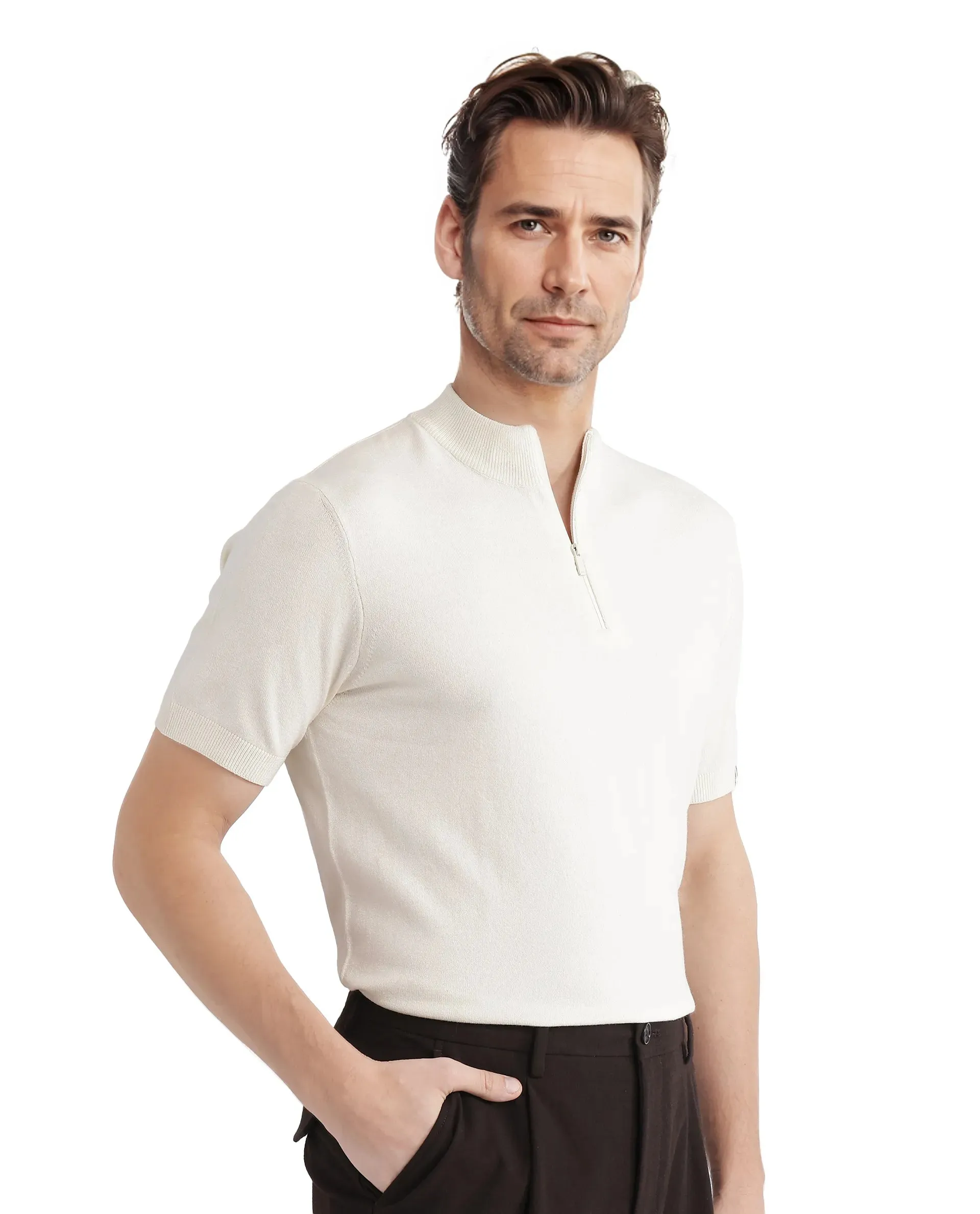 Rare Rabbit Men's Alfeto White Viscose Poly Fabric Short Sleeve High Neck Zipper Closure Plain Polo